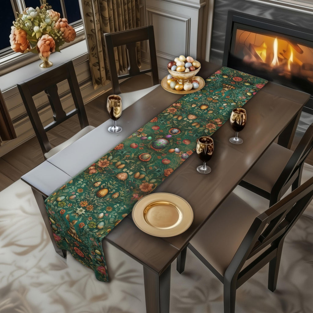 William Morris Inspired Green Easter Table Runner: Vintage Floral & Bunny Design