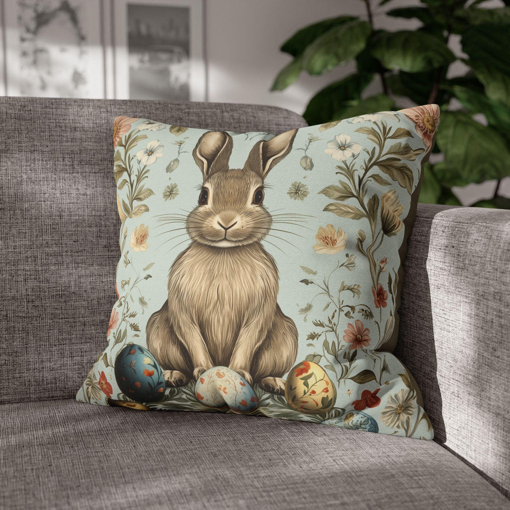 Vintage-Inspired Easter Bunny Pillowcase: William Morris-Style Floral Botanical Art in Pastel Blue