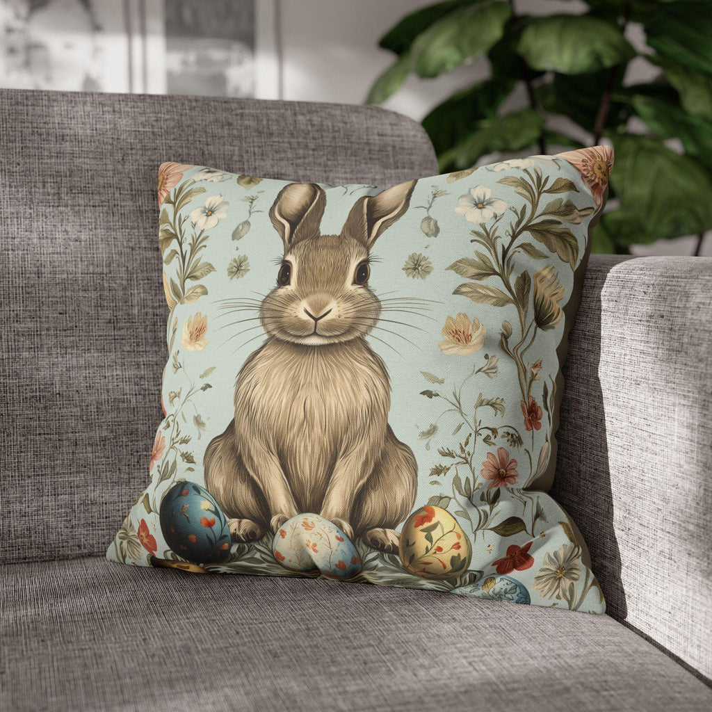 Vintage-Inspired Easter Bunny Pillowcase: William Morris-Style Floral Botanical Art in Pastel Blue