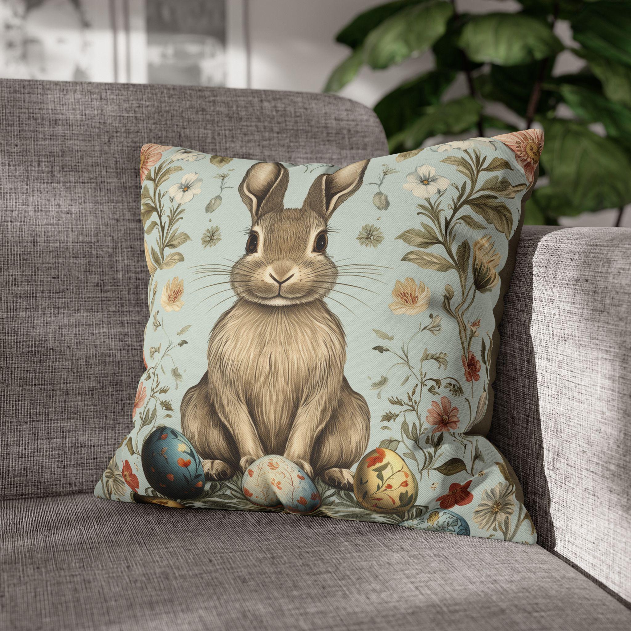 Vintage-Inspired Easter Bunny Pillowcase: William Morris-Style Floral Botanical Art in Pastel Blue