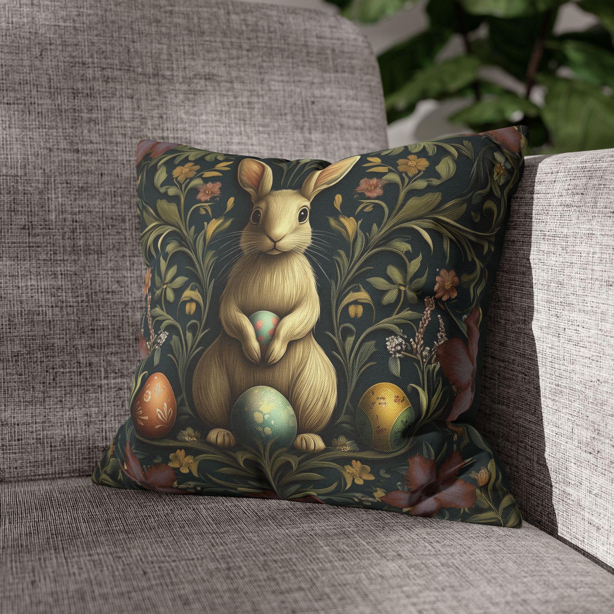 William Morris-Inspired Easter Rabbit Pillowcase: Vintage Botanical Spring Cushion Cover for Home Decor