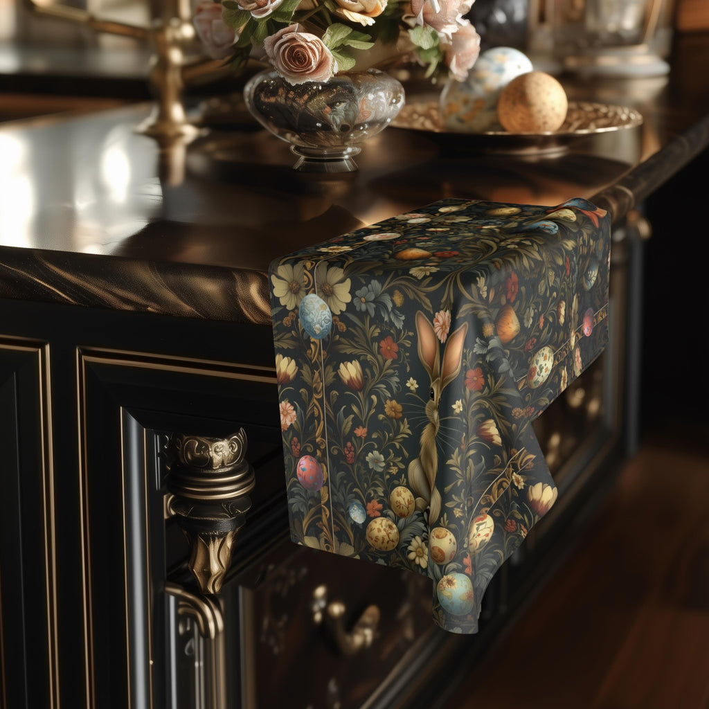 Easter Hand Towel: William Morris Inspired Botanical Floral and Rabbit Motif