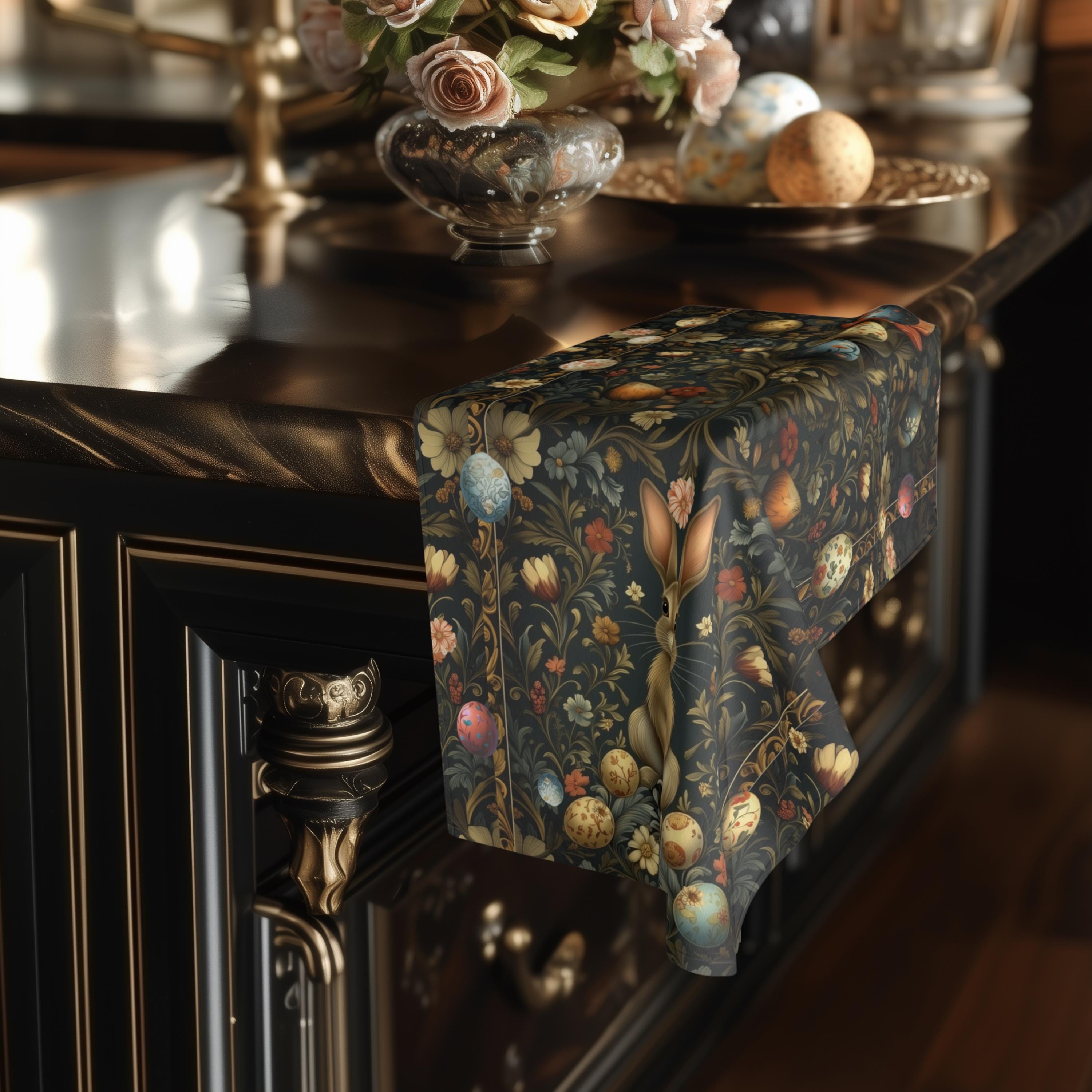 Easter Hand Towel: William Morris Inspired Botanical Floral and Rabbit Motif