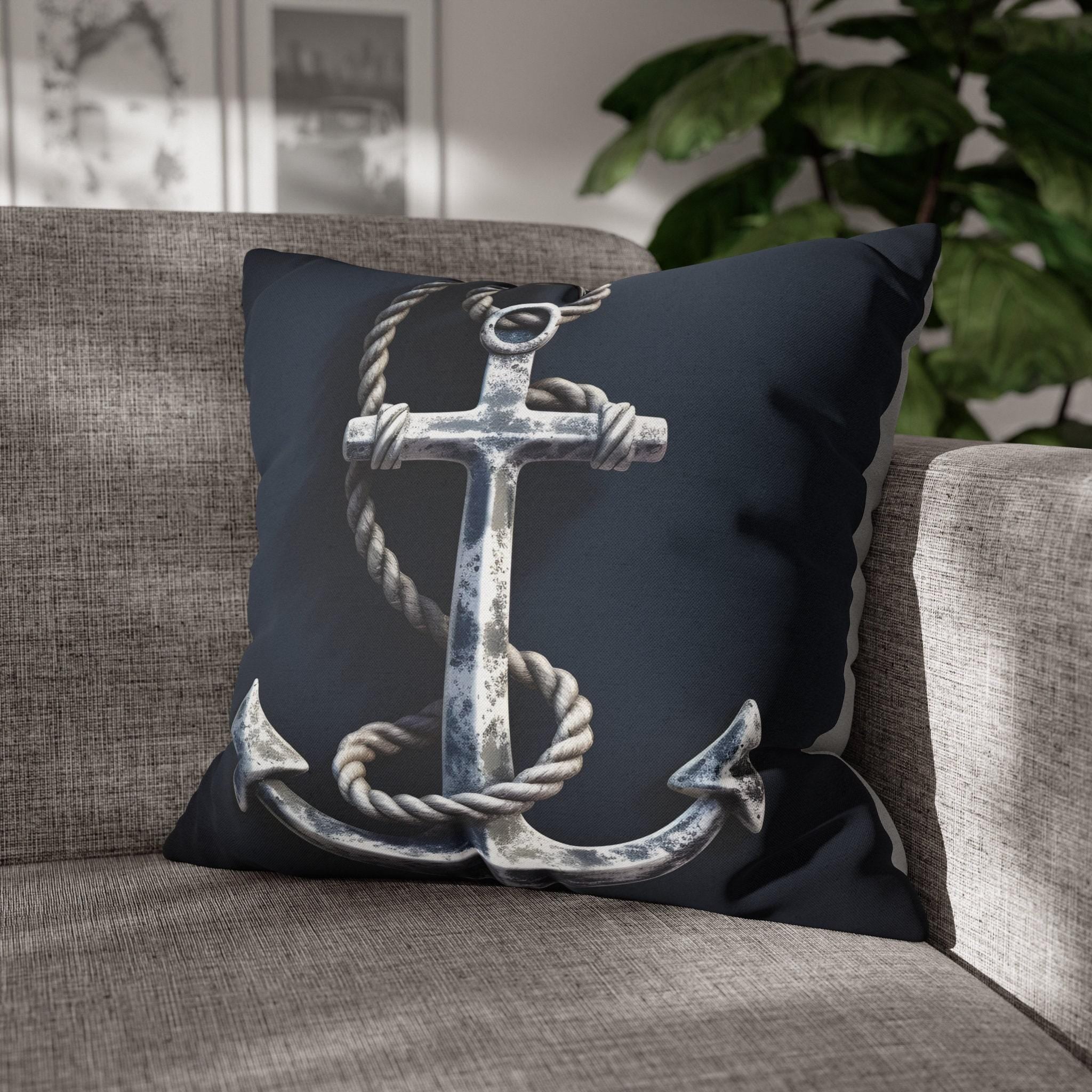 Rustic Silver Anchor Throw Pillow: Nautical Navy Decor