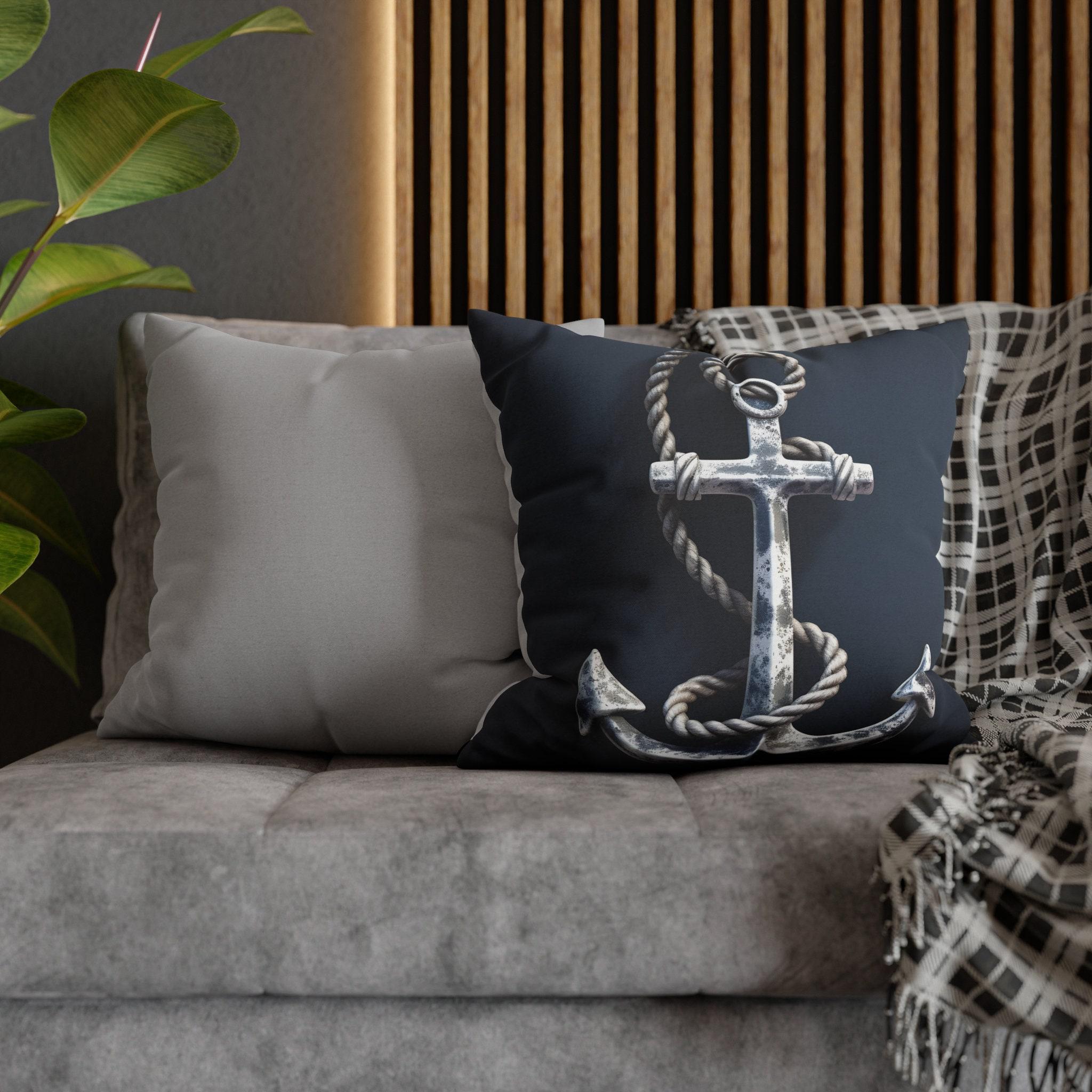 Rustic Silver Anchor Throw Pillow: Nautical Navy Decor