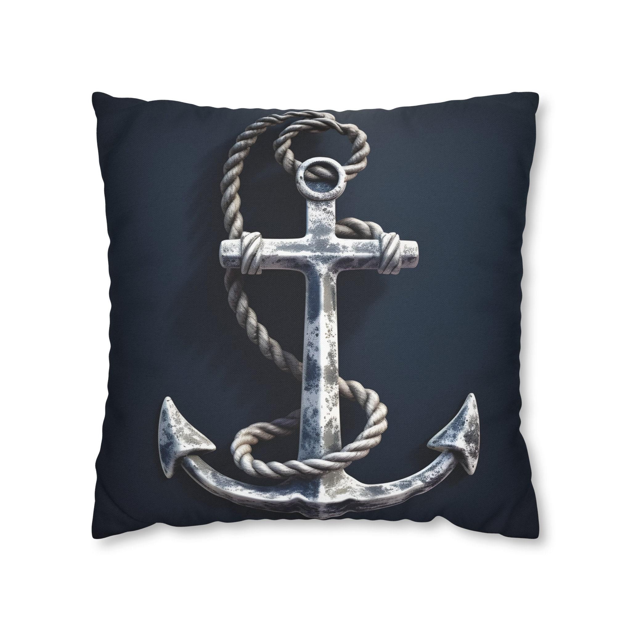 Rustic Silver Anchor Throw Pillow: Nautical Navy Decor