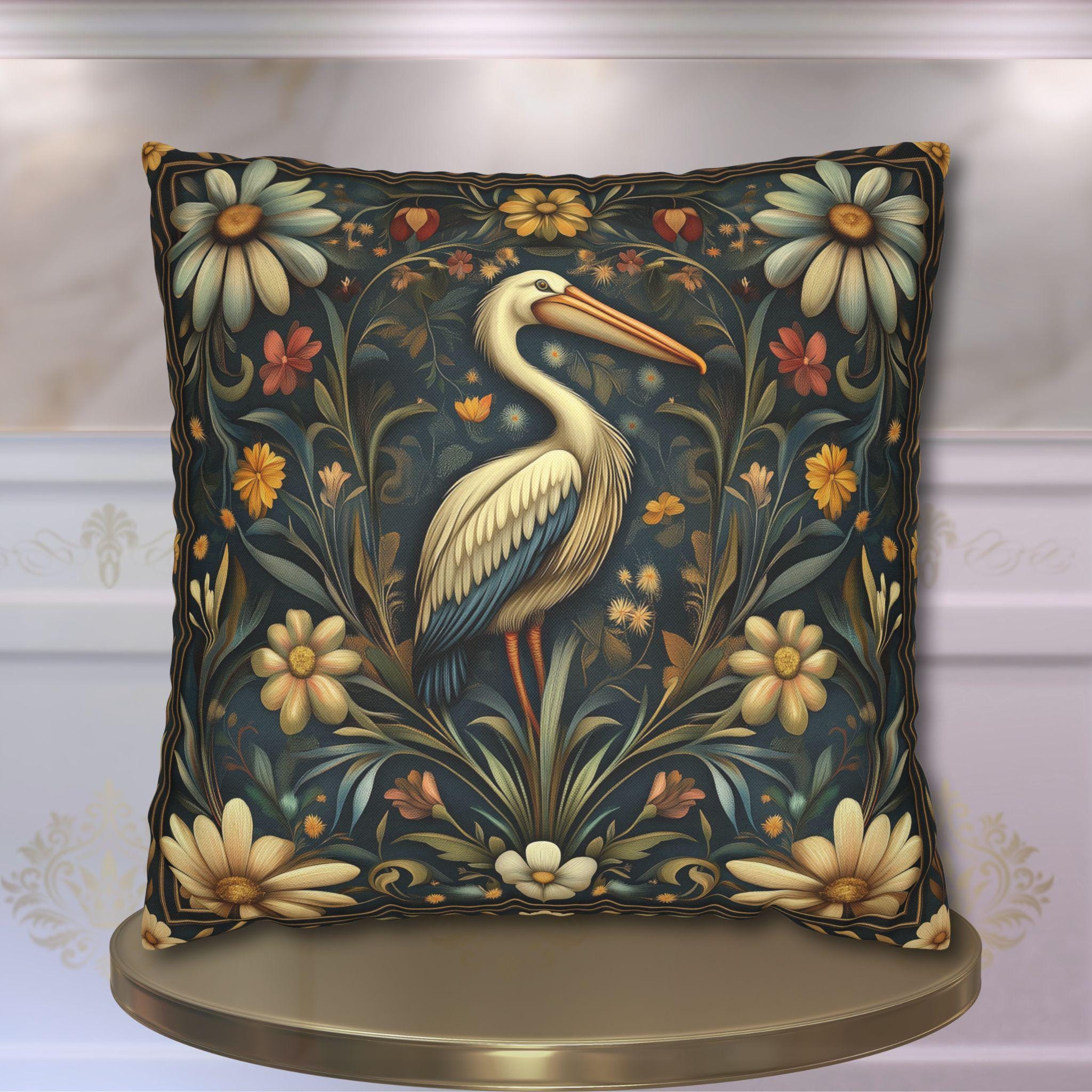 William Morris Heron Pillow Cover: Navy Floral Arts & Crafts Cushion