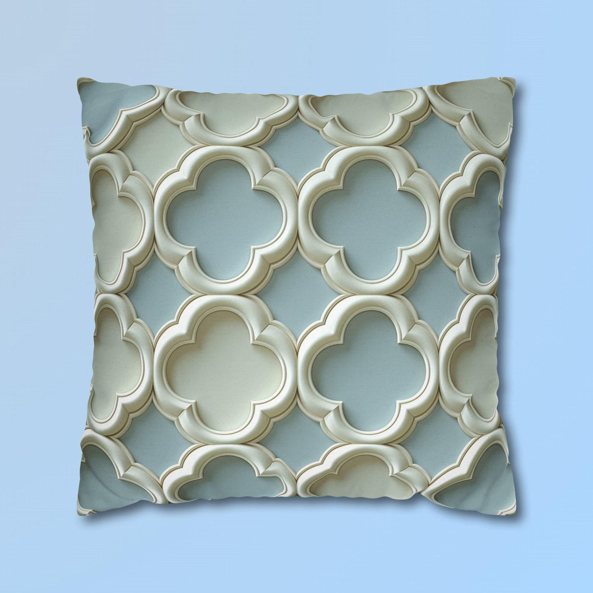 Coastal Quatrefoil Pillow Cover, Blue Beige 3D Effect