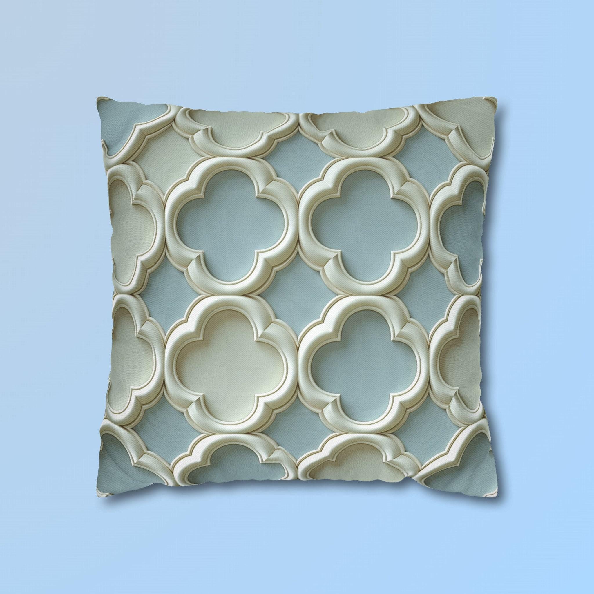Coastal Quatrefoil Pillow Cover, Blue Beige 3D Effect