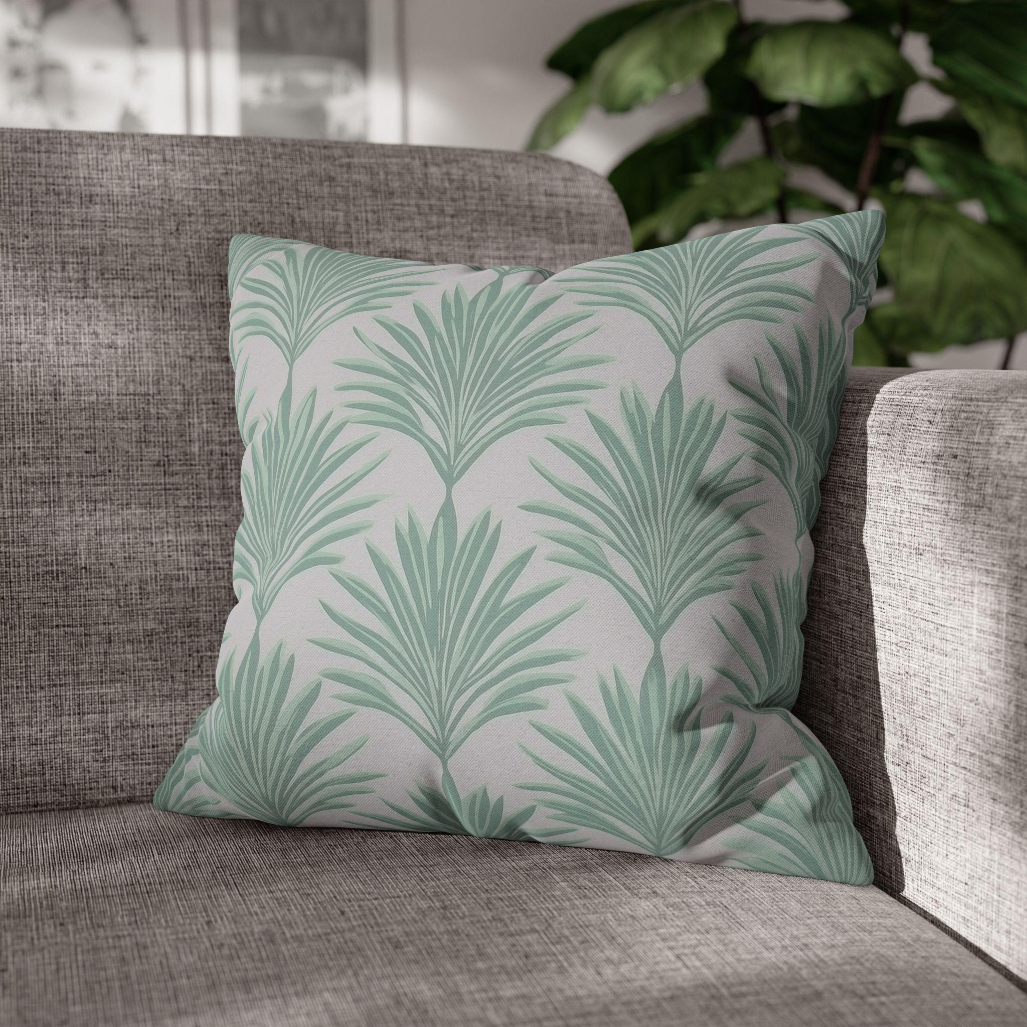 Sage Green & Gray Palm Leaf Pillow Cover: Tropical Minimalist Cushion for Coastal Modern Decor