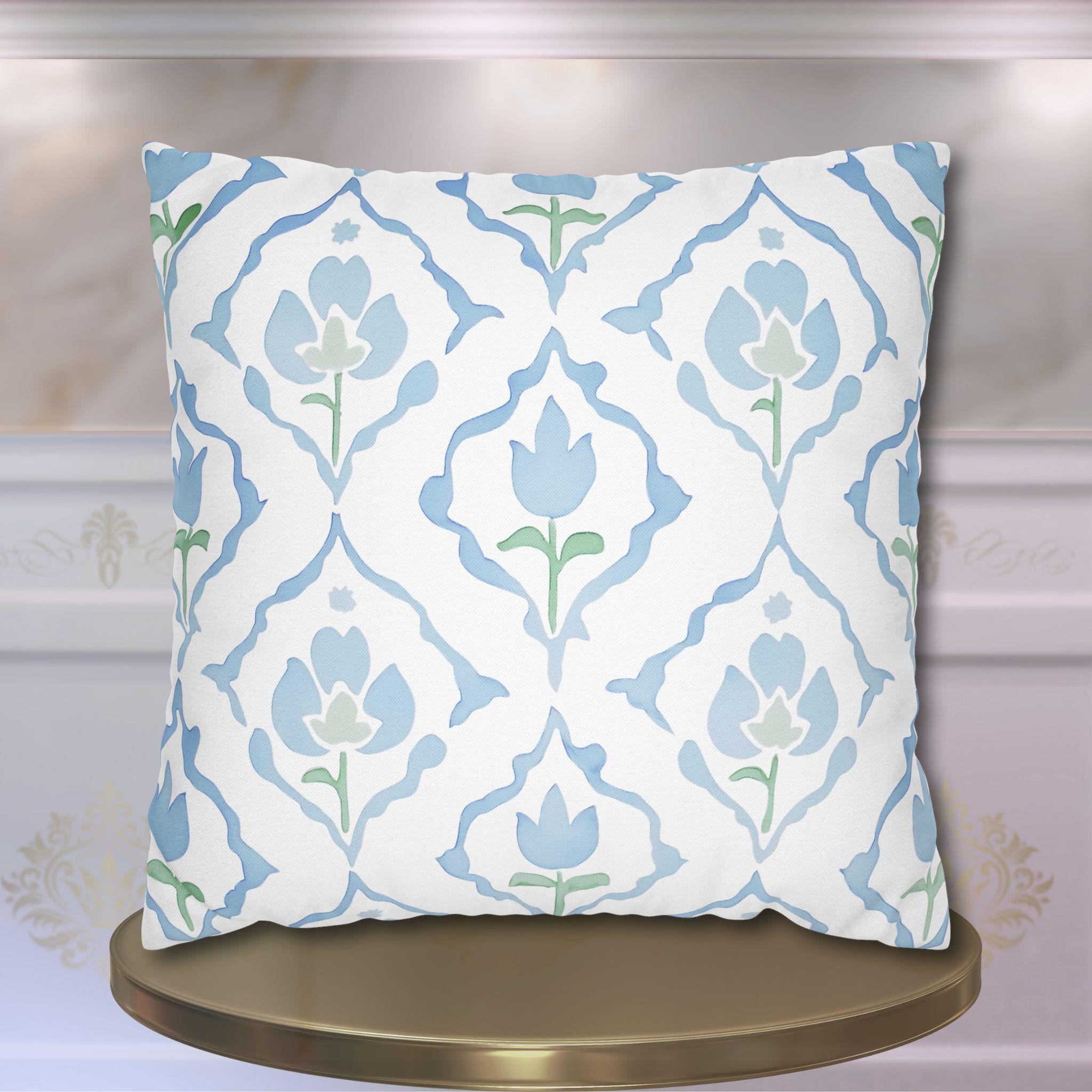 Watercolor Tulip Pillow Cover: Soft Blue & Green Floral Cushion Case for Cottagecore Spring Decor
