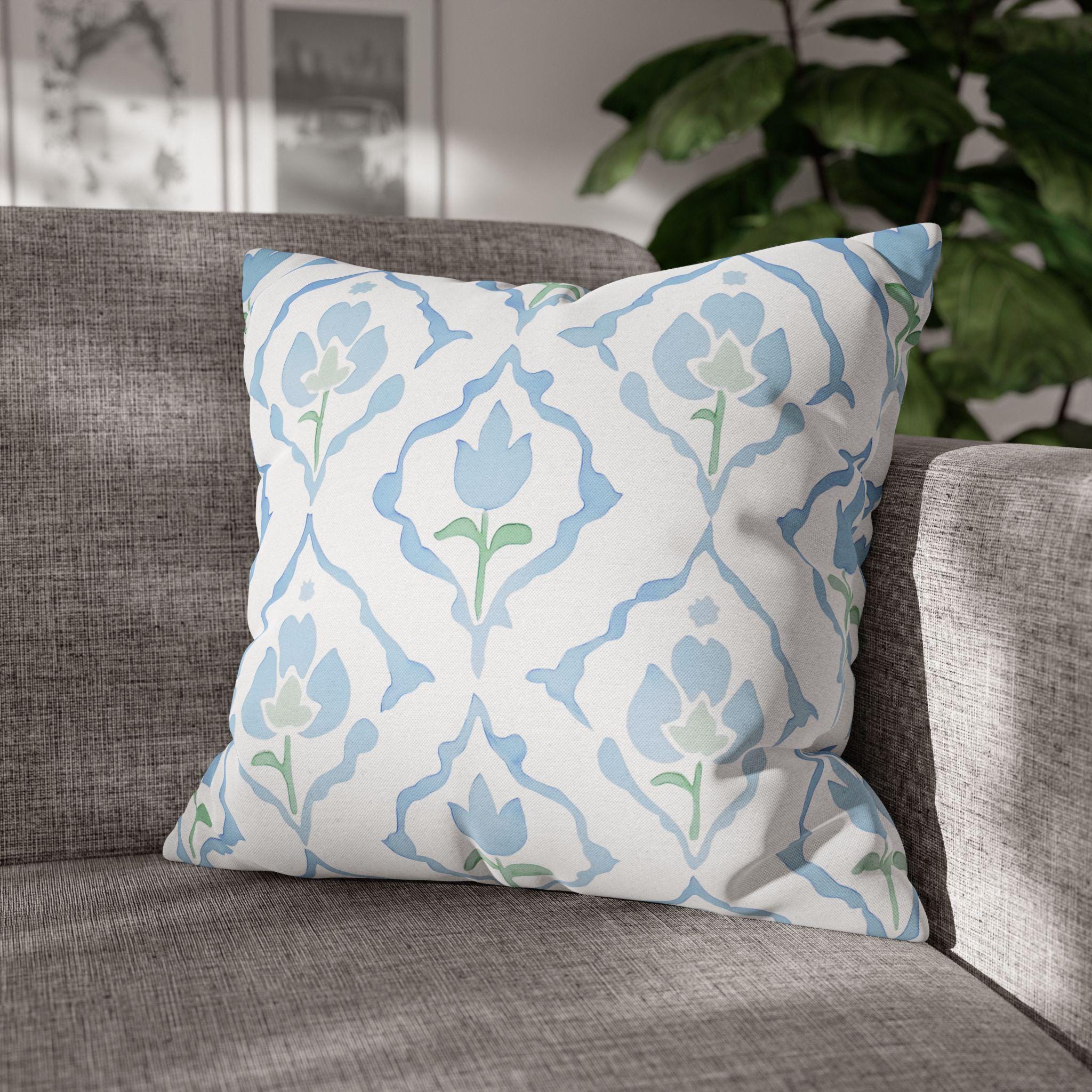 Watercolor Tulip Pillow Cover: Soft Blue & Green Floral Cushion Case for Cottagecore Spring Decor