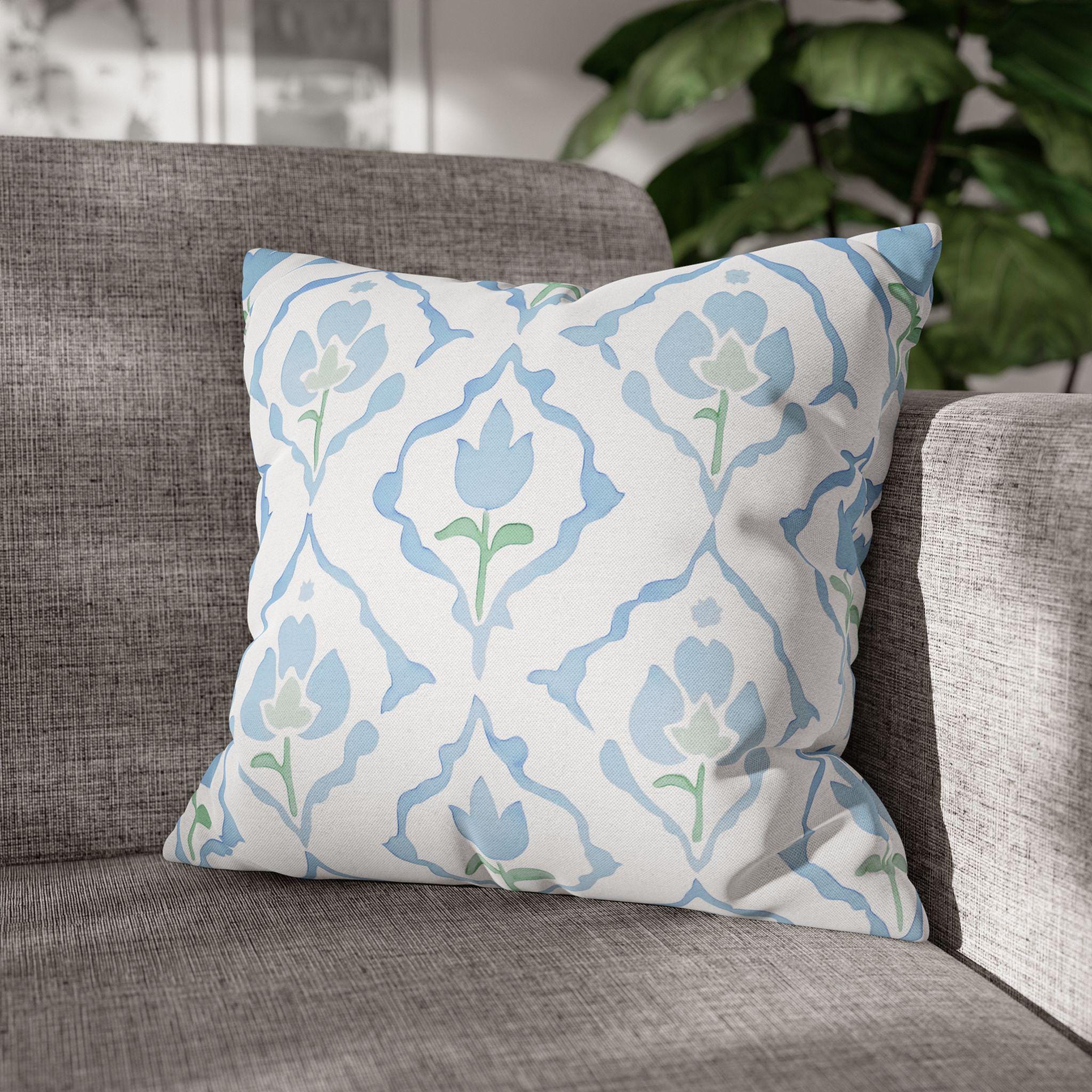 Watercolor Tulip Pillow Cover: Soft Blue & Green Floral Cushion Case for Cottagecore Spring Decor