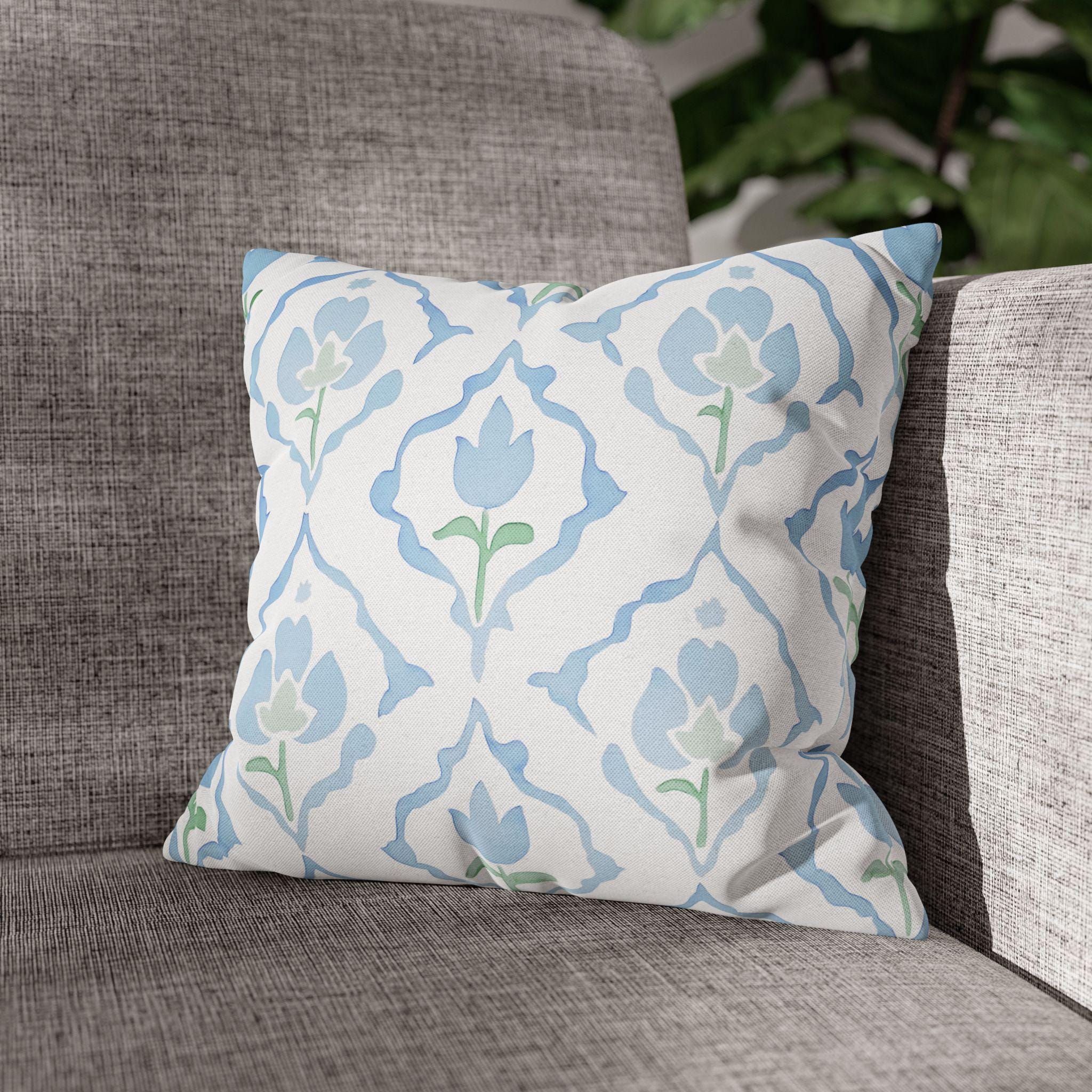 Watercolor Tulip Pillow Cover: Soft Blue & Green Floral Cushion Case for Cottagecore Spring Decor