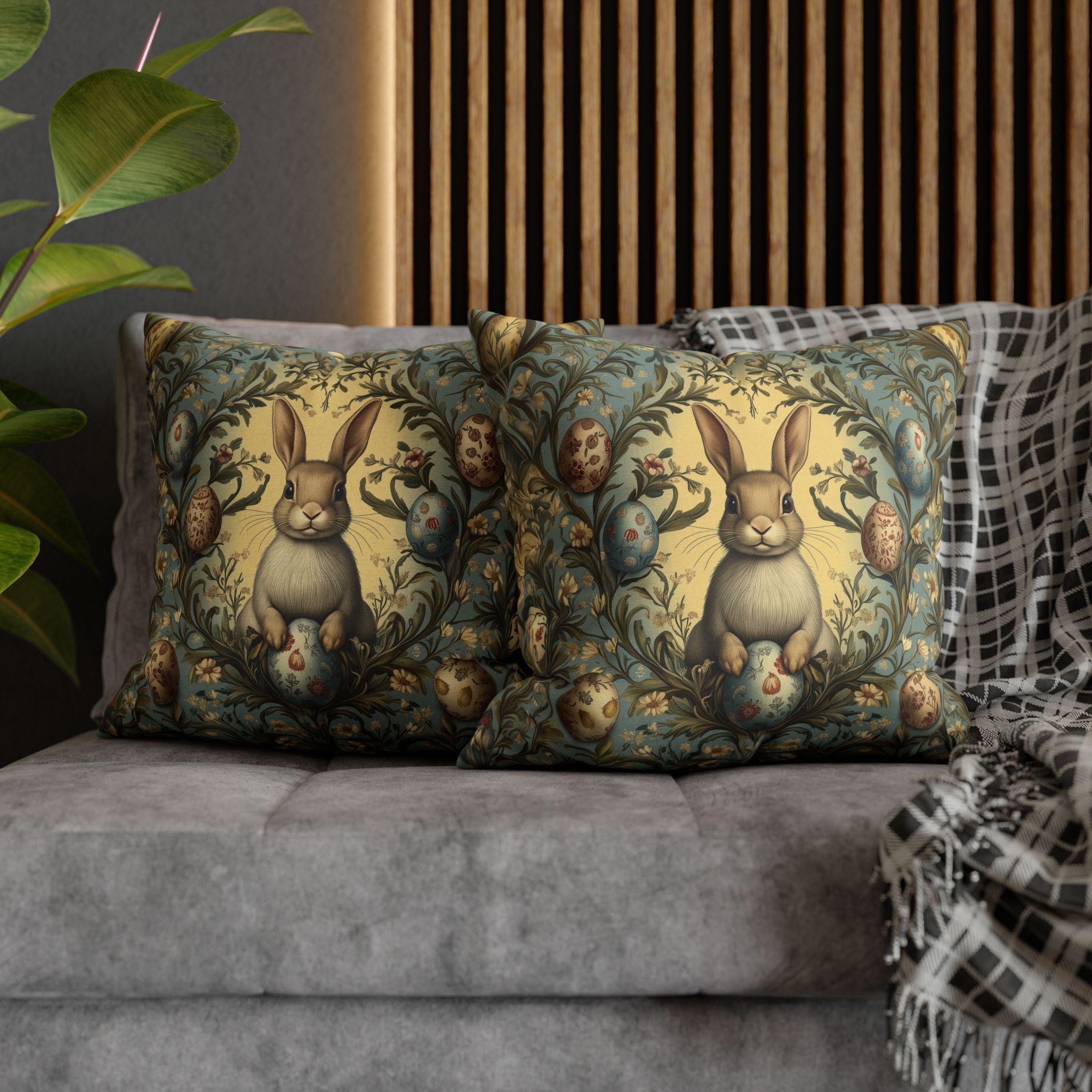 William Morris Easter Bunny Pillow Cover: Daisies & Vintage Style Eggs
