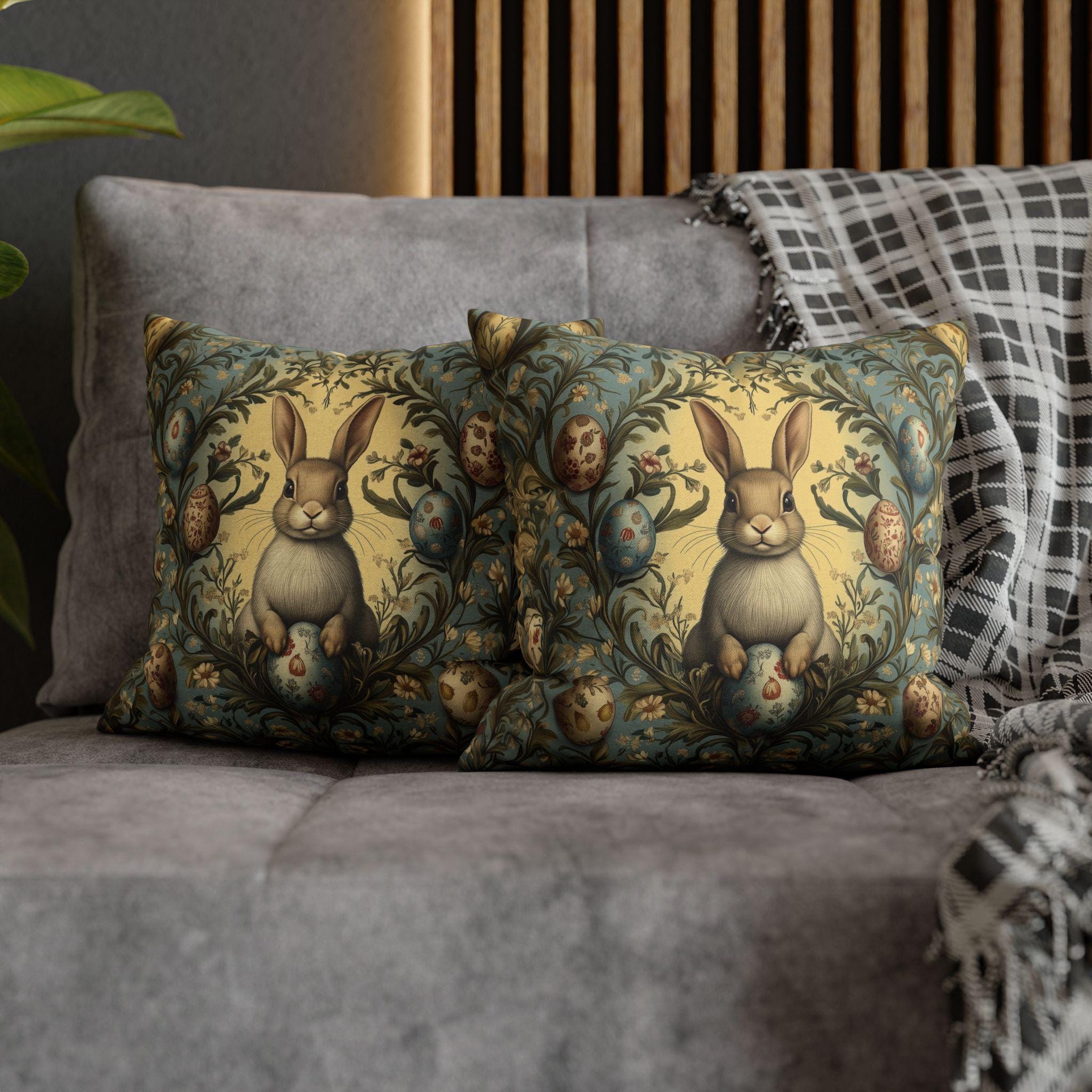 William Morris Easter Bunny Pillow Cover: Daisies & Vintage Style Eggs