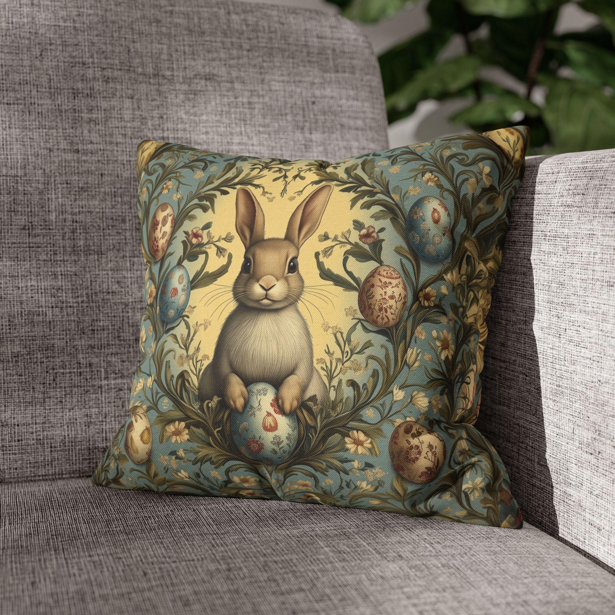 William Morris Easter Bunny Pillow Cover: Daisies & Vintage Style Eggs