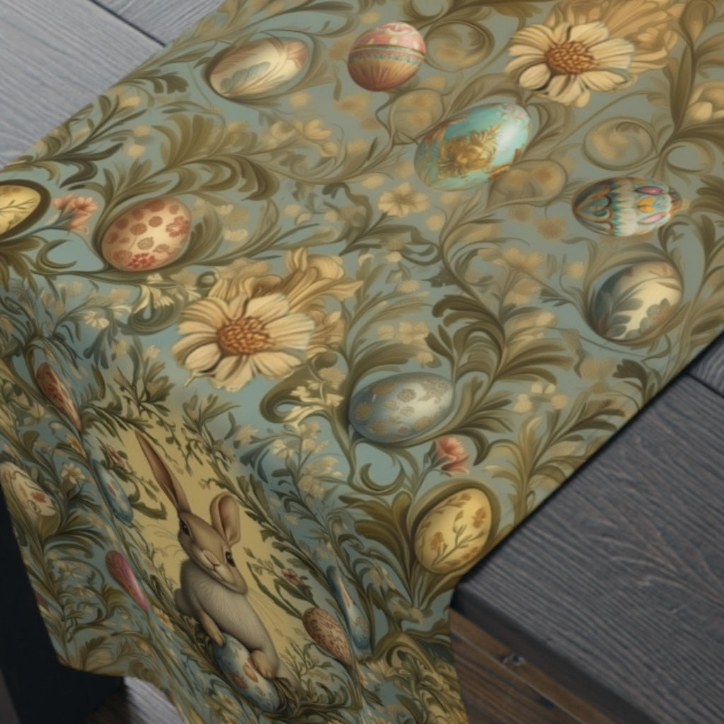 William Morris Easter Table Runner: Bunny Daisies and Vintage Style Eggs