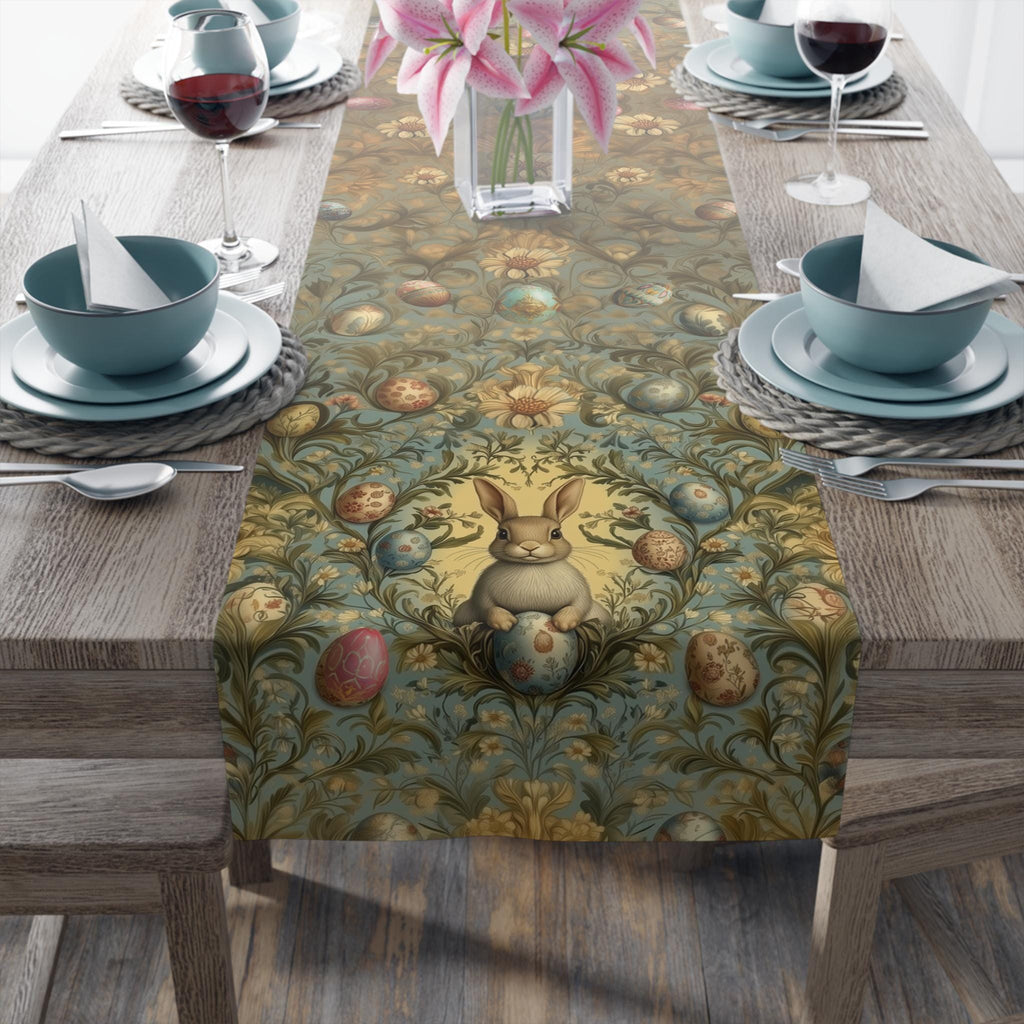 William Morris Easter Table Runner: Bunny Daisies and Vintage Style Eggs