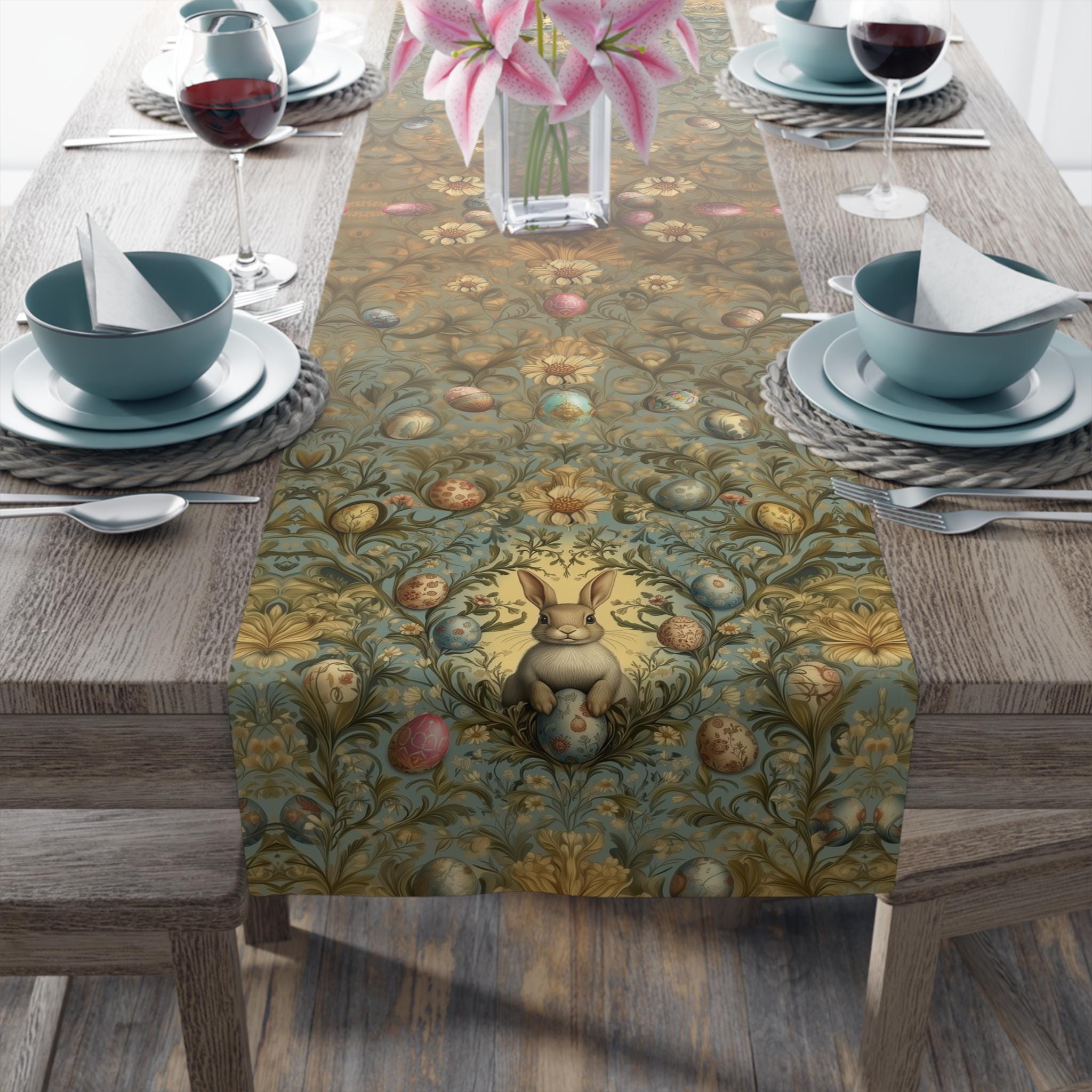 William Morris Easter Table Runner: Bunny Daisies and Vintage Style Eggs