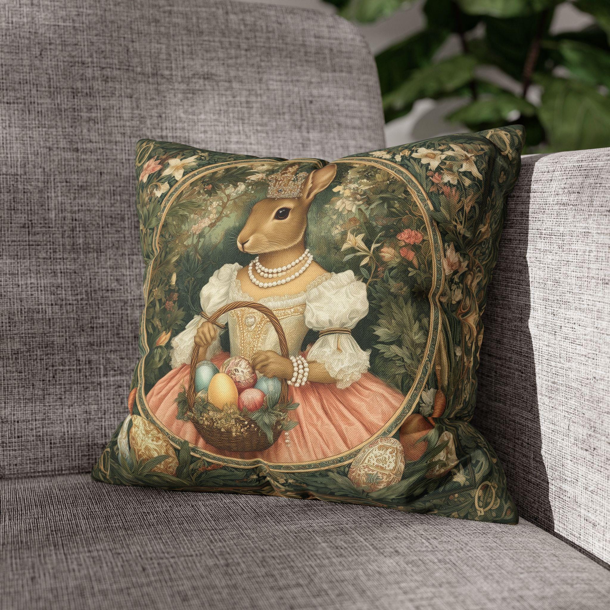 Victorian Princess Rabbit Pillow Cover: William Morris Inspired Whimsical Easter Decor