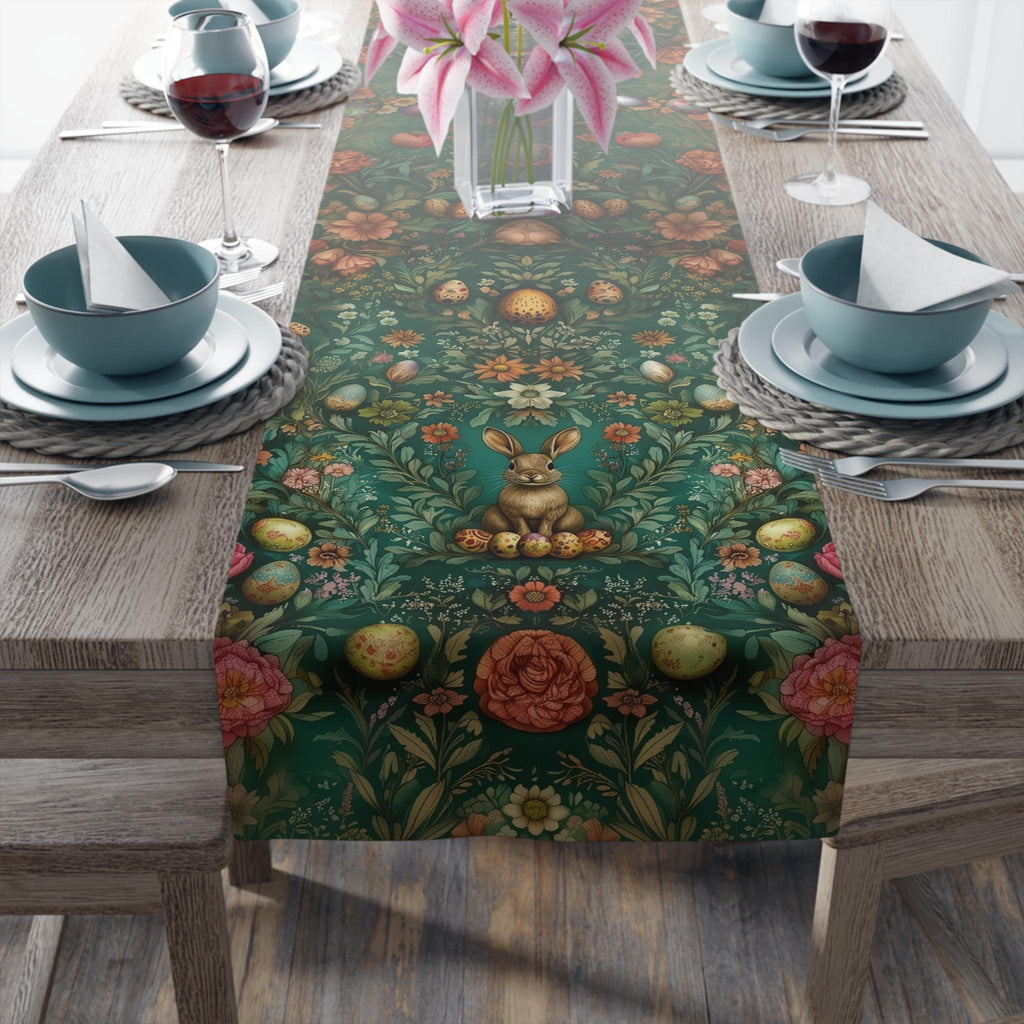 William Morris Inspired Green Easter Table Runner: Vintage Floral & Bunny Design