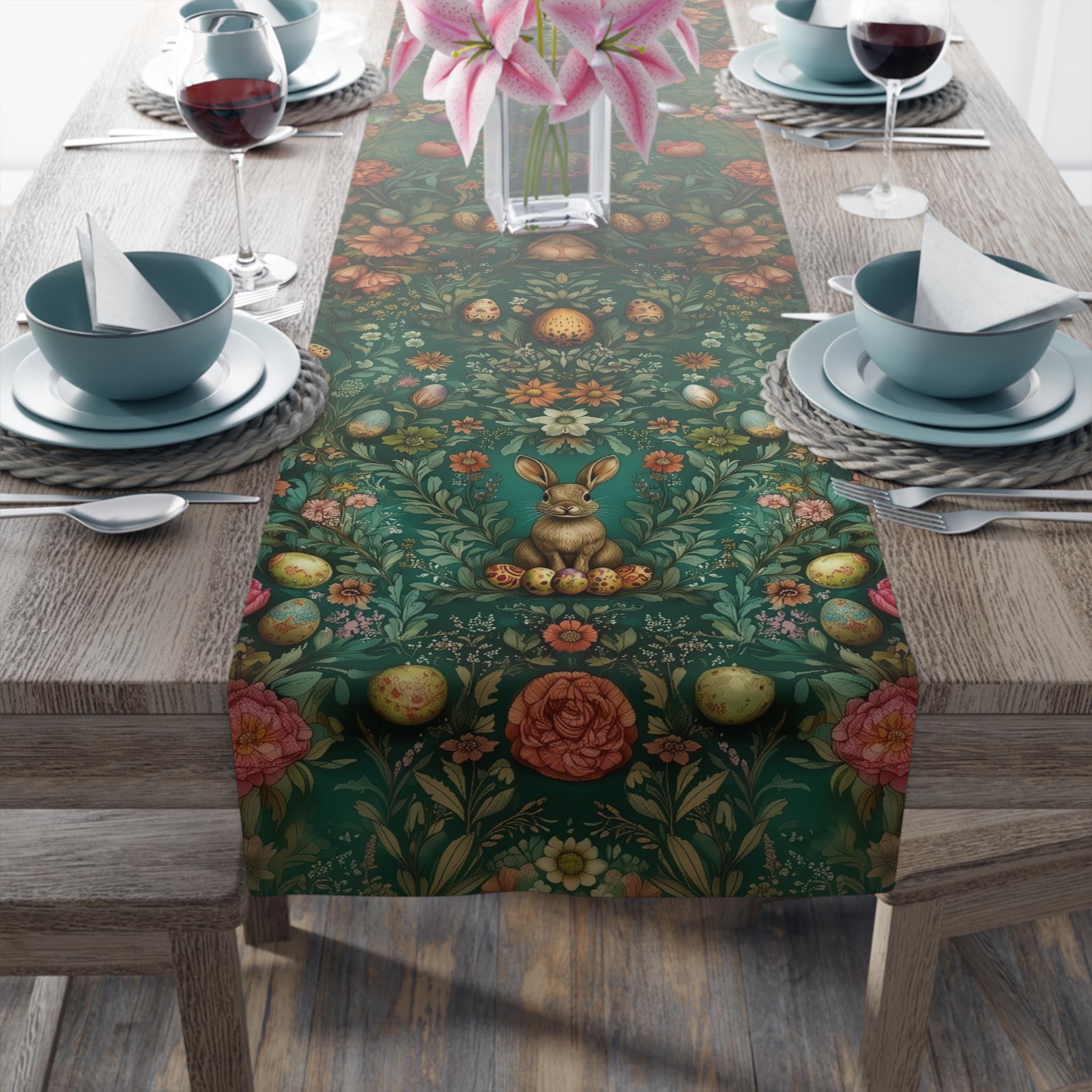 William Morris Inspired Green Easter Table Runner: Vintage Floral & Bunny Design