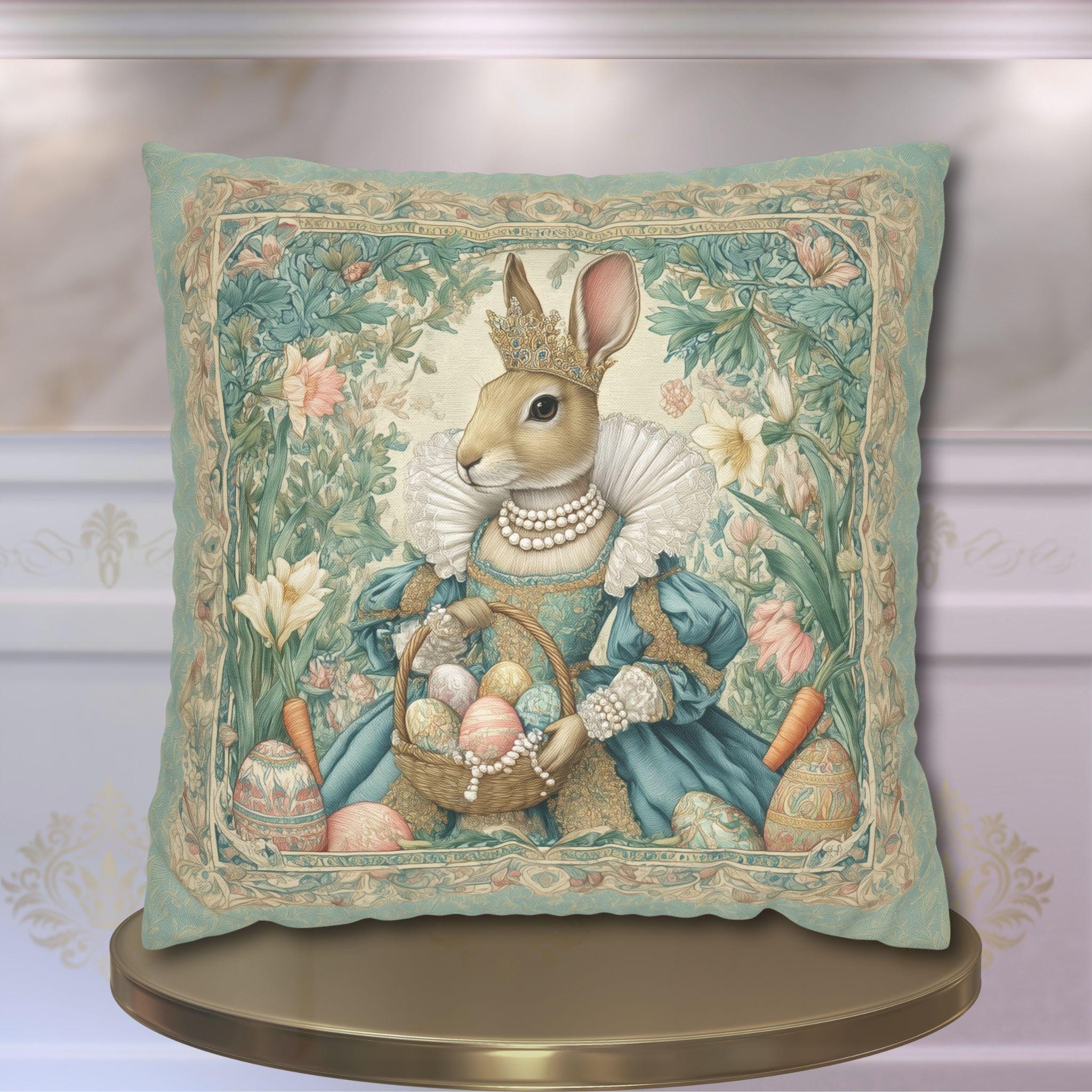 Victorian Easter Princess Bunny Pillow Cover: William Morris Inspired Whimsical Spring Decor