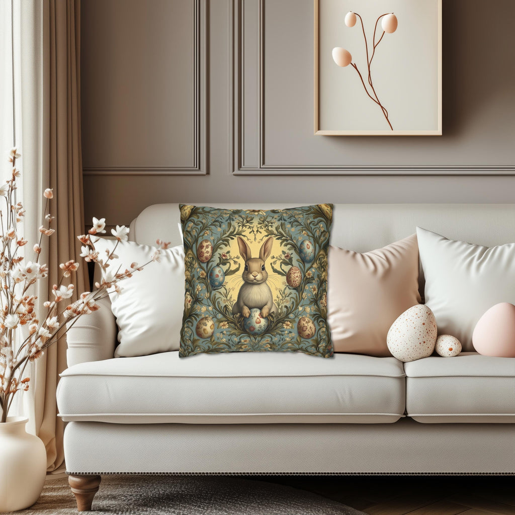 Whimsical Easter Bunnies Pillow Cover with William Morris Style Botanical Border
