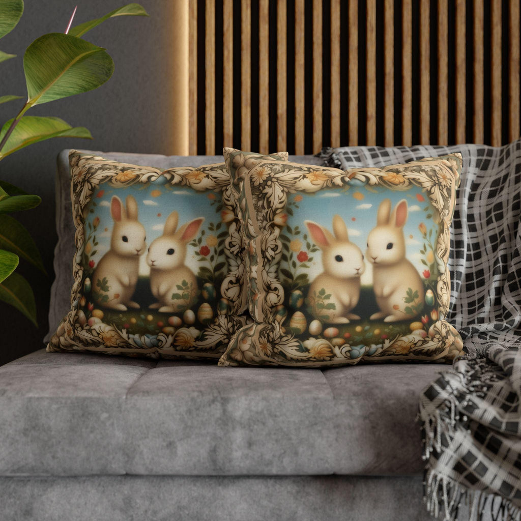 Whimsical Easter Bunnies Pillow Cover with William Morris Style Botanical Border