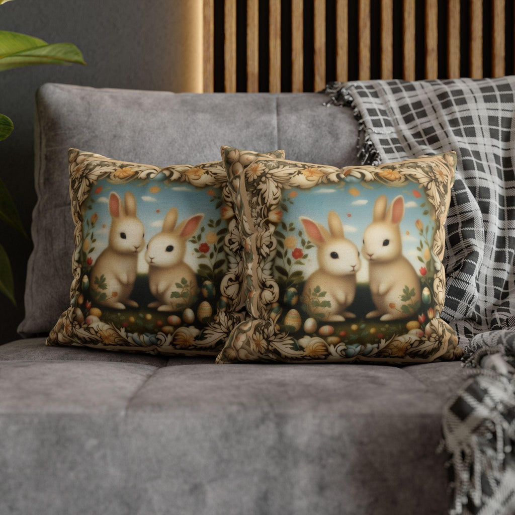 Whimsical Easter Bunnies Pillow Cover with William Morris Style Botanical Border