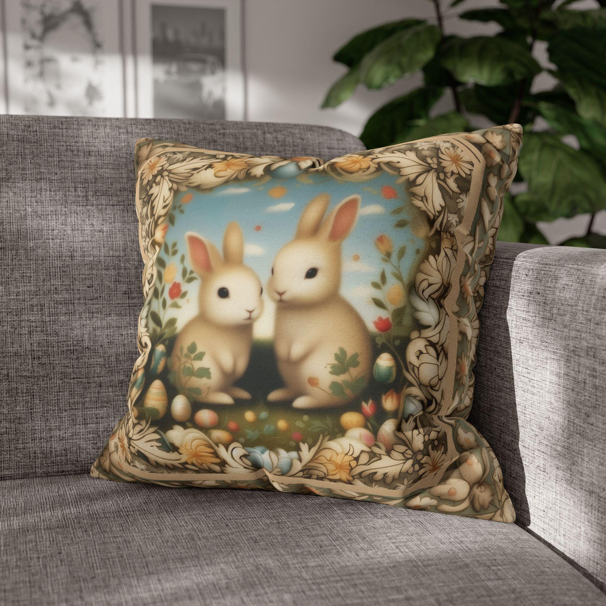 Whimsical Easter Bunnies Pillow Cover with William Morris Style Botanical Border