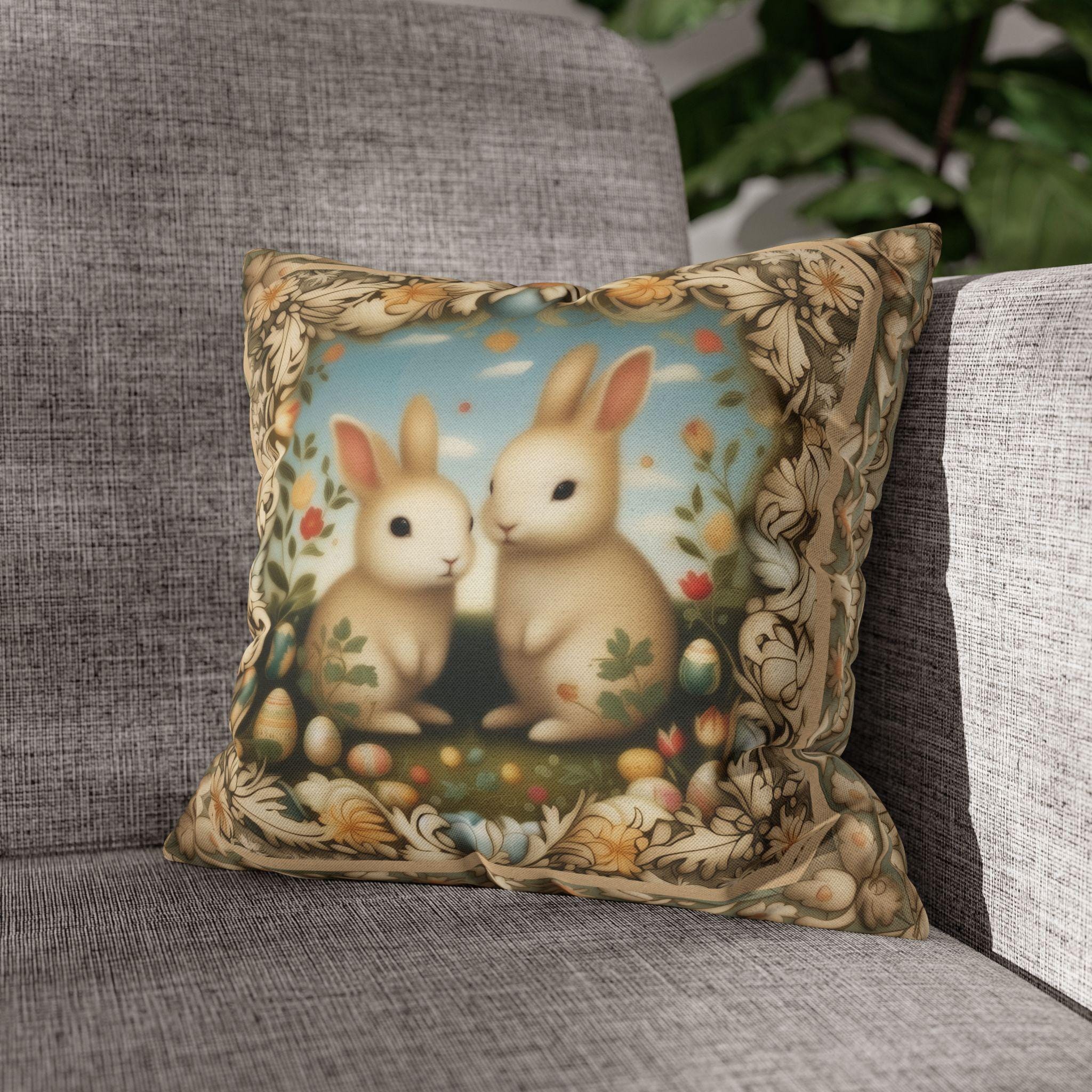 Whimsical Easter Bunnies Pillow Cover with William Morris Style Botanical Border