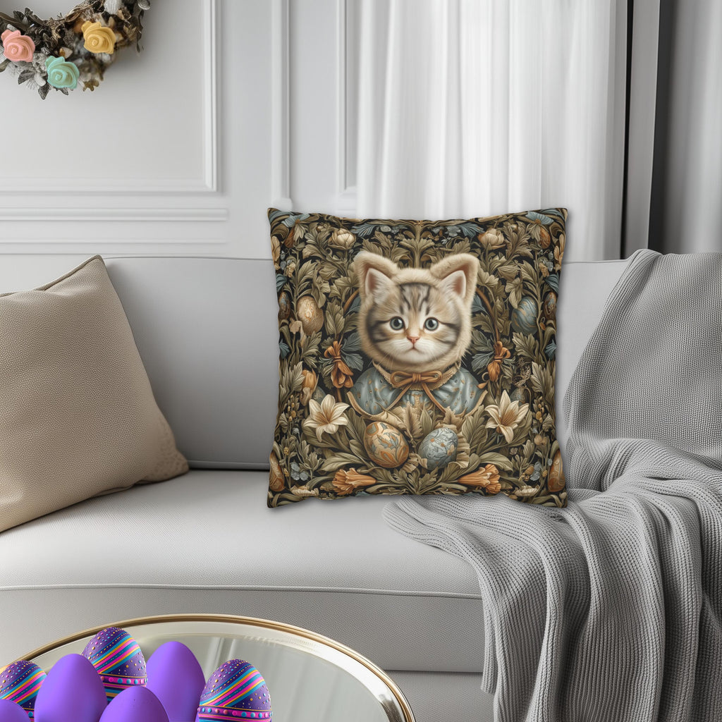 William Morris Inspired Easter pillow cover: Whimsical Kitten with Botanicals & Decorated Eggs