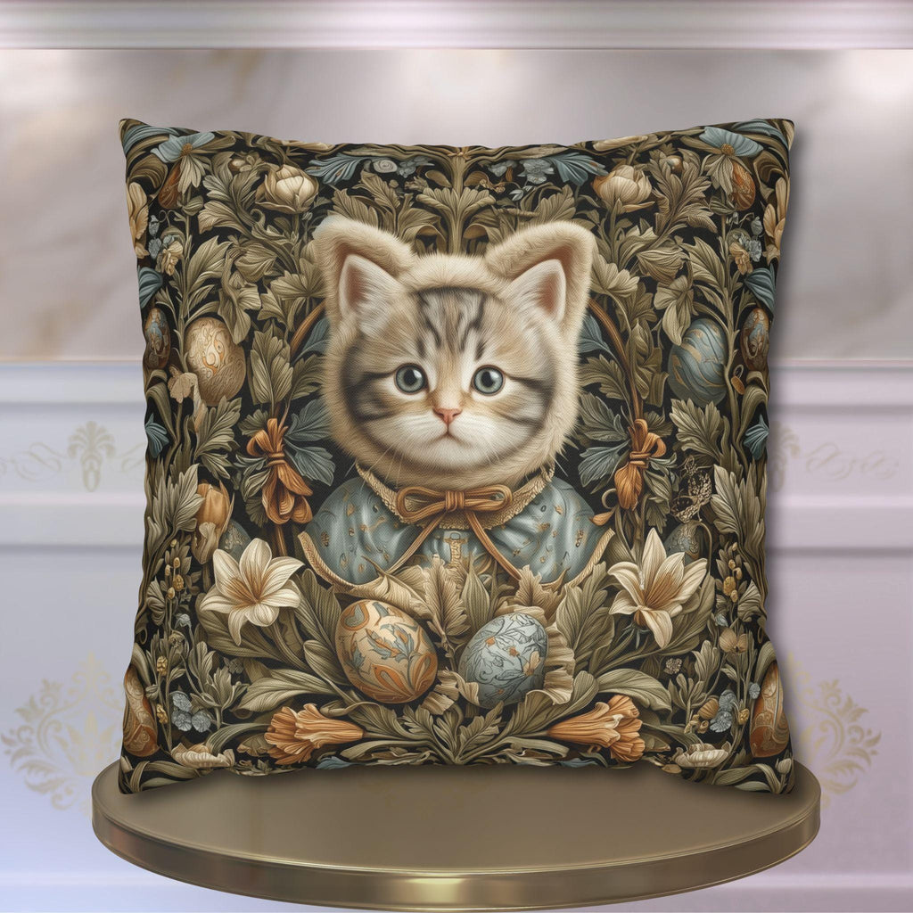 William Morris Inspired Easter pillow cover: Whimsical Kitten with Botanicals & Decorated Eggs