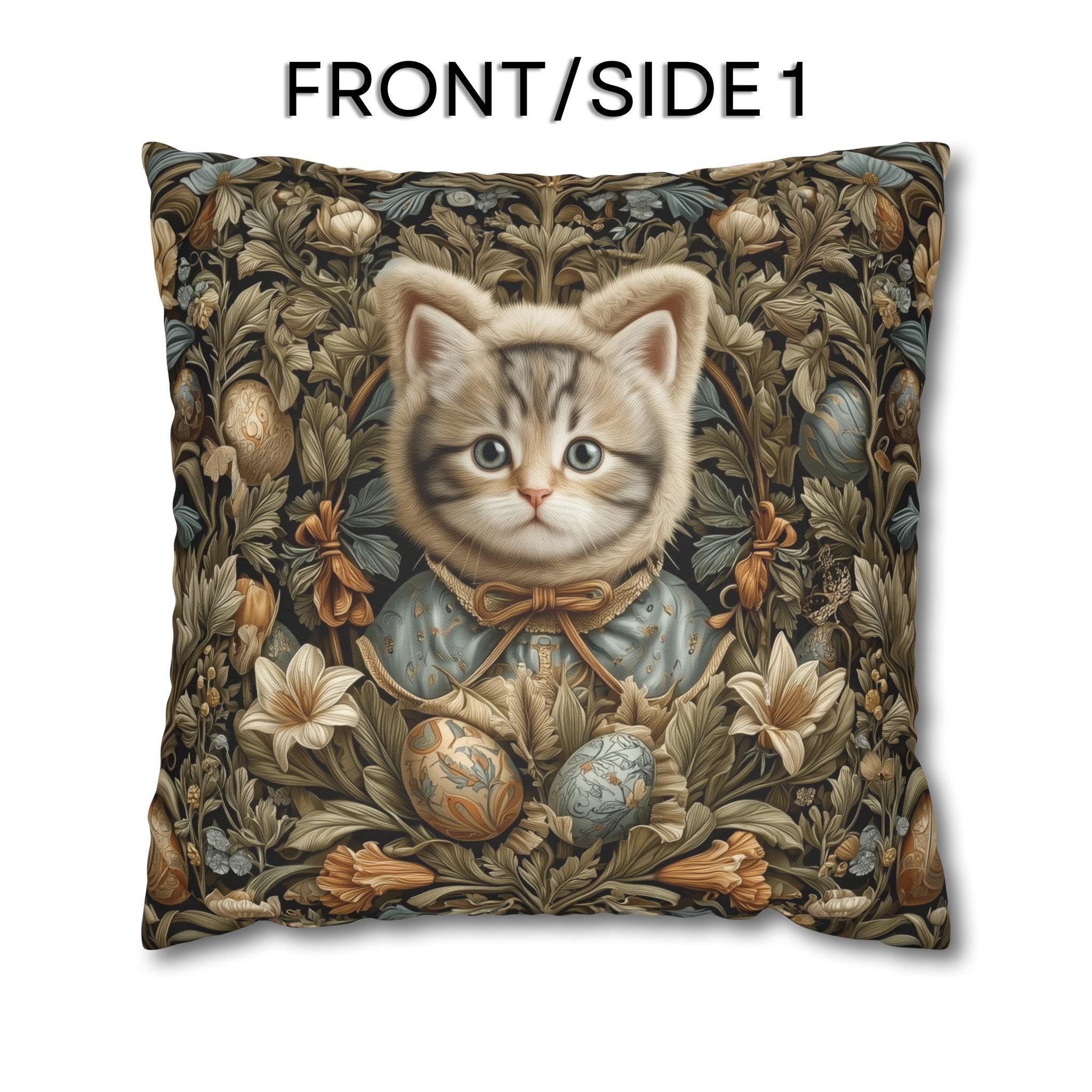 William Morris Inspired Easter pillow cover: Whimsical Kitten with Botanicals & Decorated Eggs