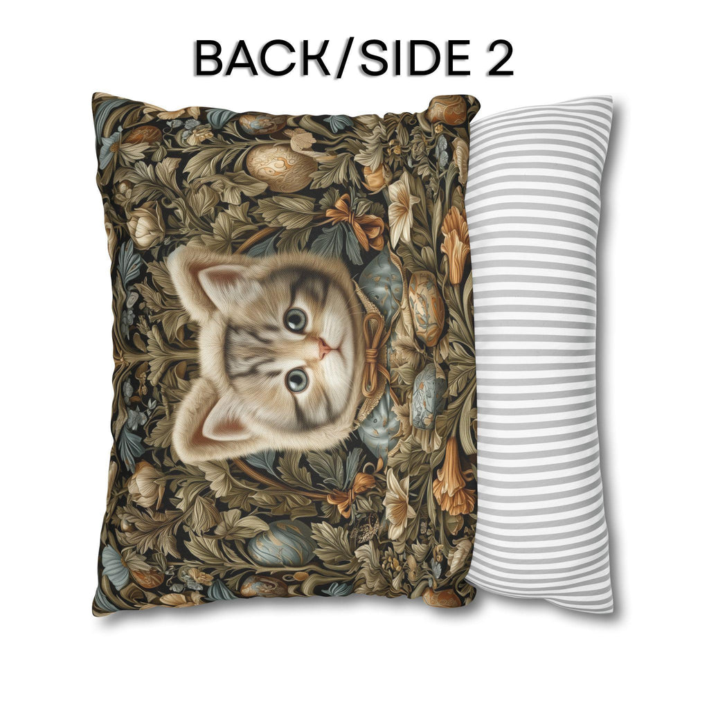 William Morris Inspired Easter pillow cover: Whimsical Kitten with Botanicals & Decorated Eggs