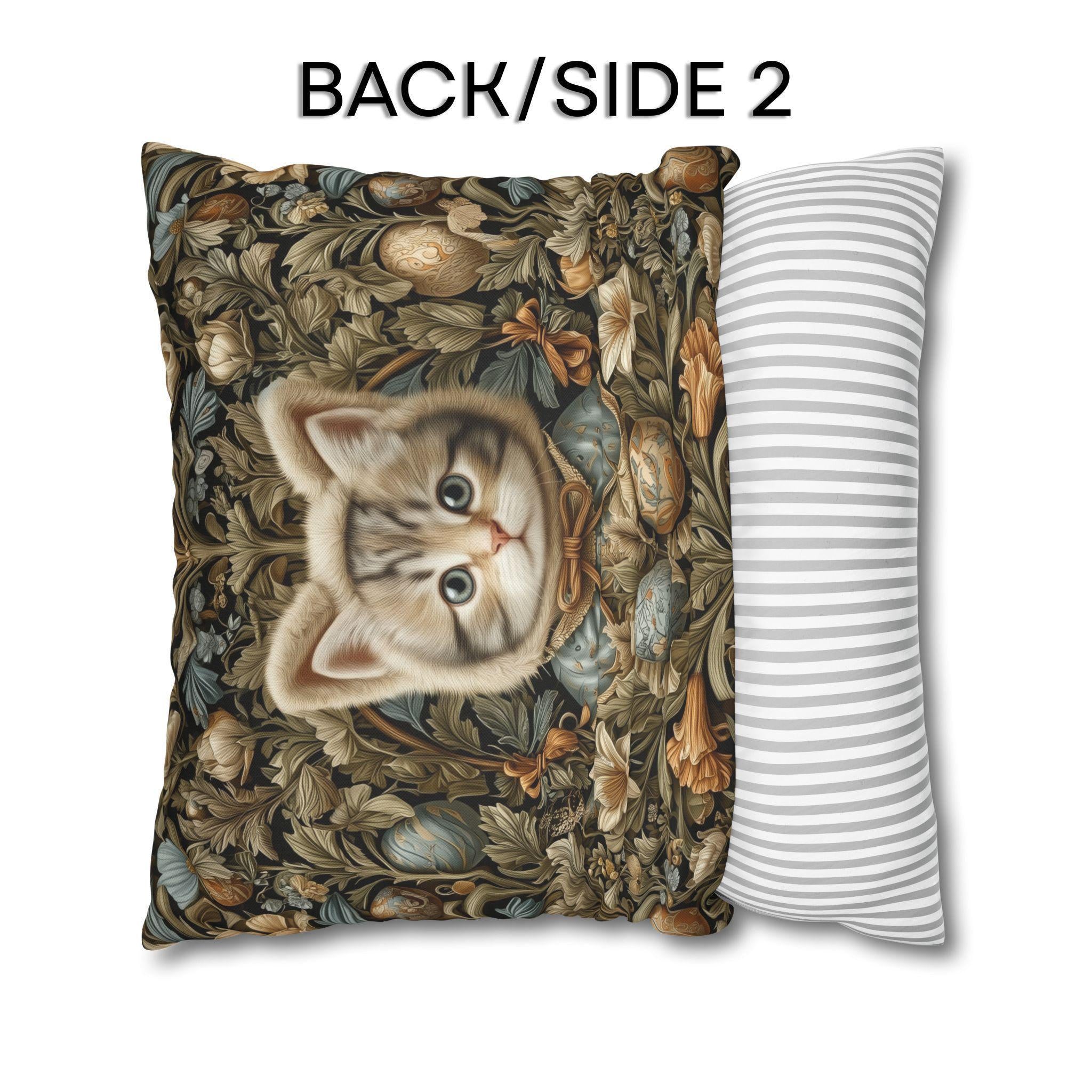 William Morris Inspired Easter pillow cover: Whimsical Kitten with Botanicals & Decorated Eggs