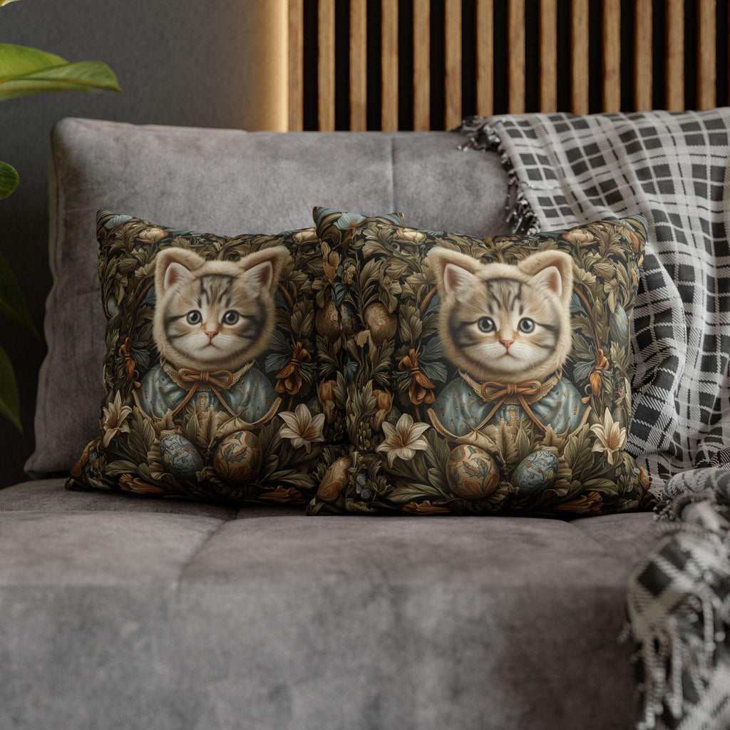 William Morris Inspired Easter pillow cover: Whimsical Kitten with Botanicals & Decorated Eggs