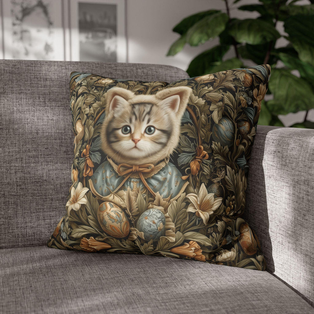 William Morris Inspired Easter pillow cover: Whimsical Kitten with Botanicals & Decorated Eggs
