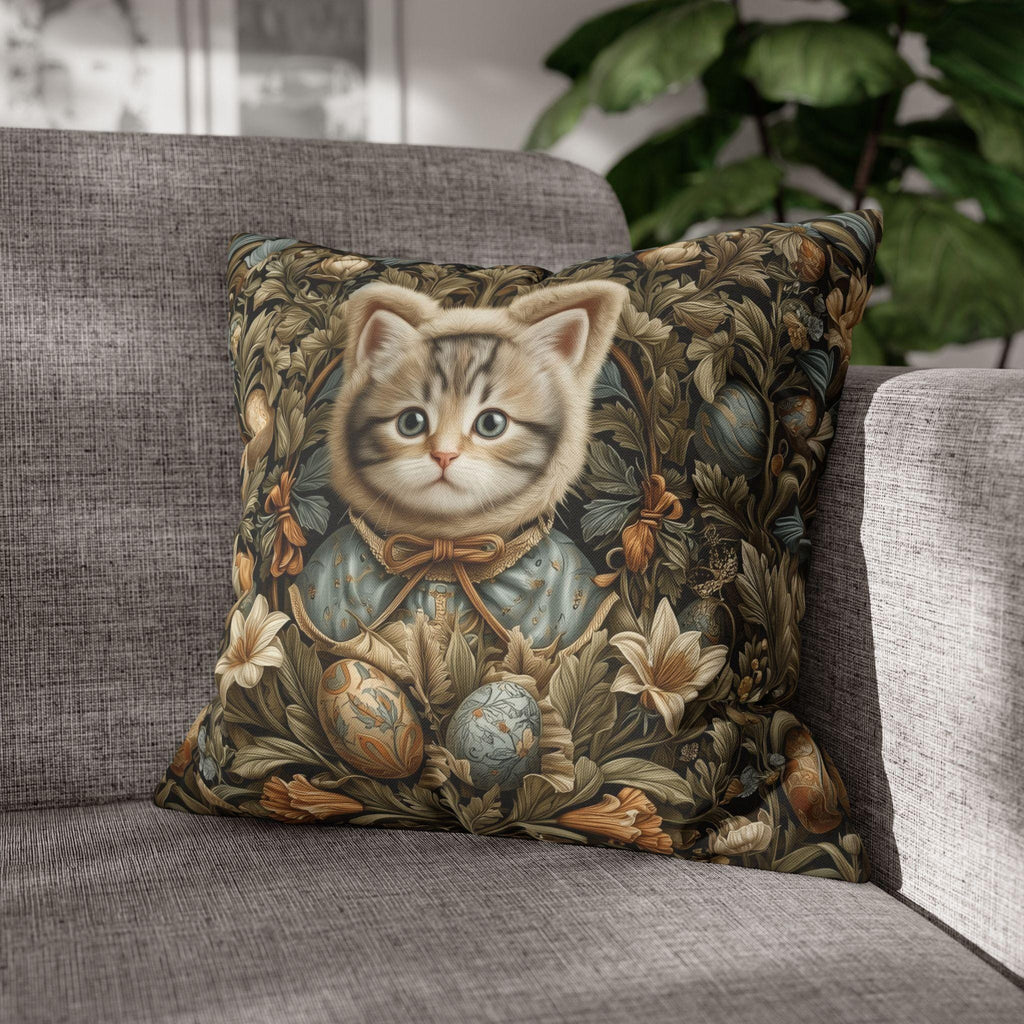 William Morris Inspired Easter pillow cover: Whimsical Kitten with Botanicals & Decorated Eggs