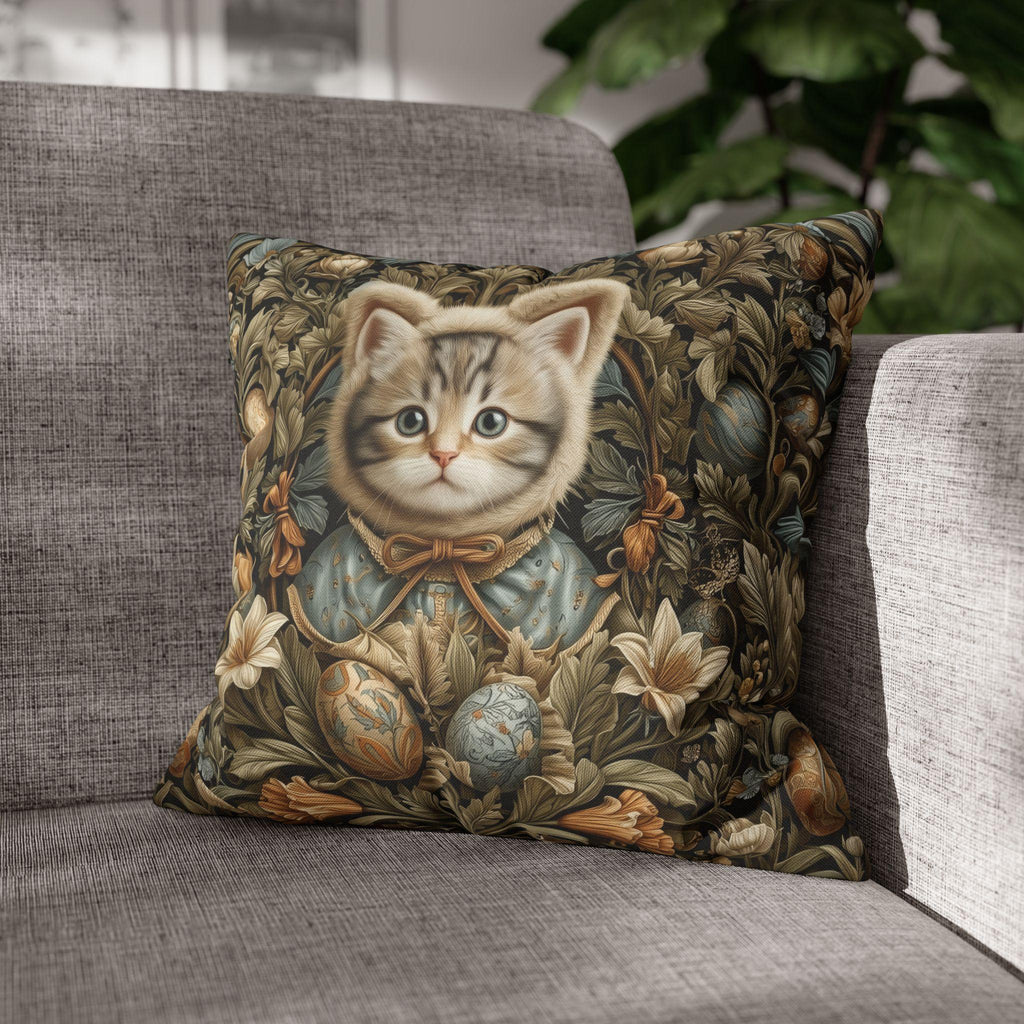 William Morris Inspired Easter pillow cover: Whimsical Kitten with Botanicals & Decorated Eggs