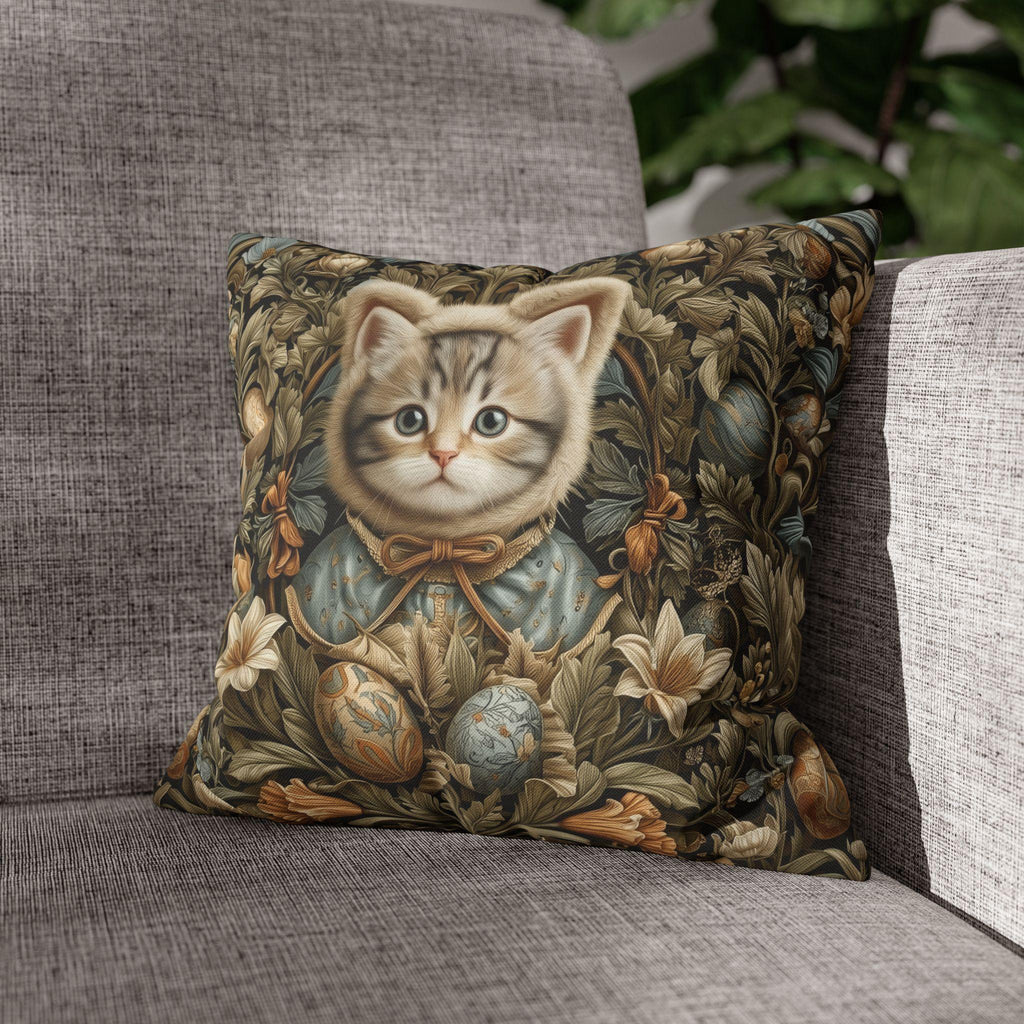 William Morris Inspired Easter pillow cover: Whimsical Kitten with Botanicals & Decorated Eggs