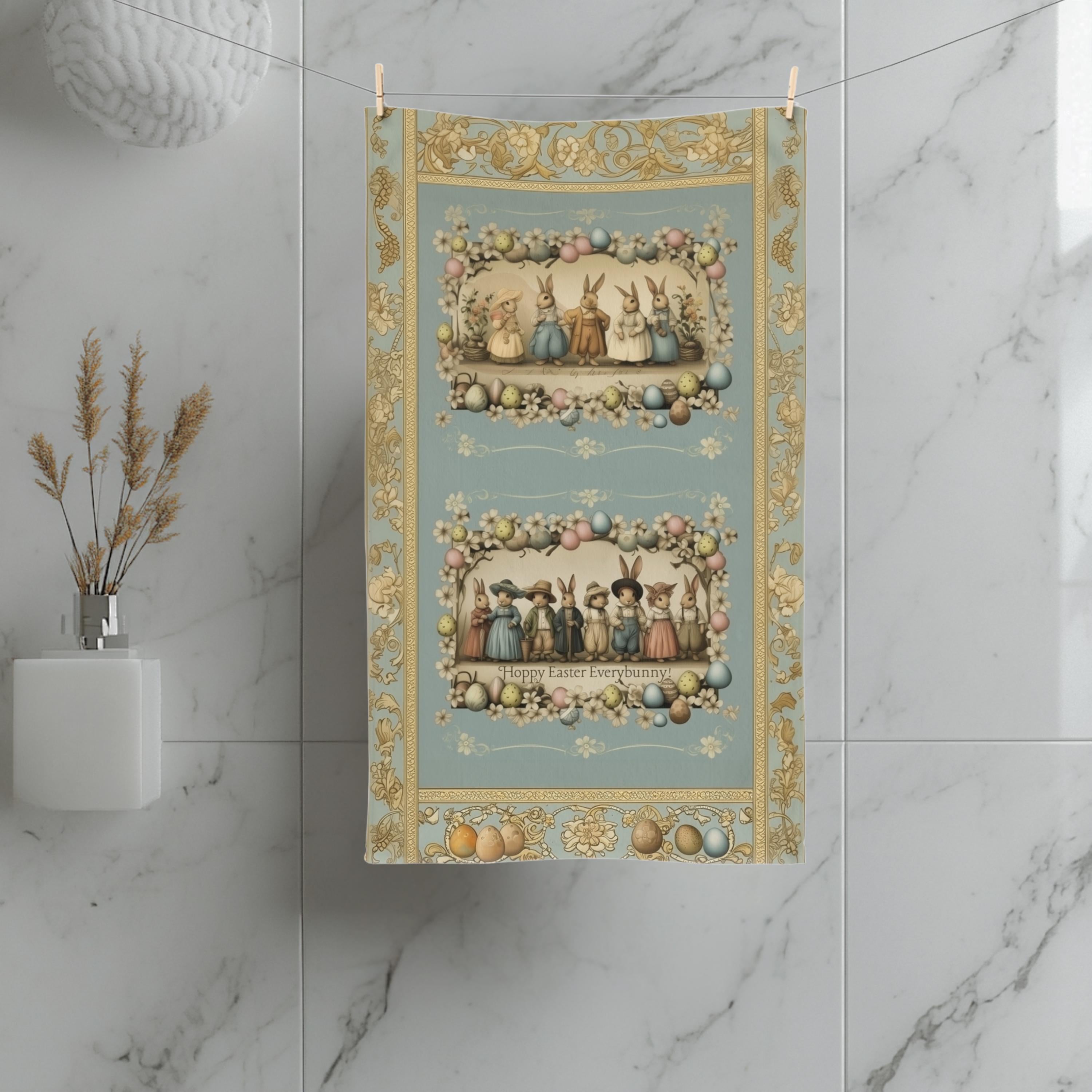 Bunny Family Easter Hand Towel: 1920s Vintage Inspired Spring Decor