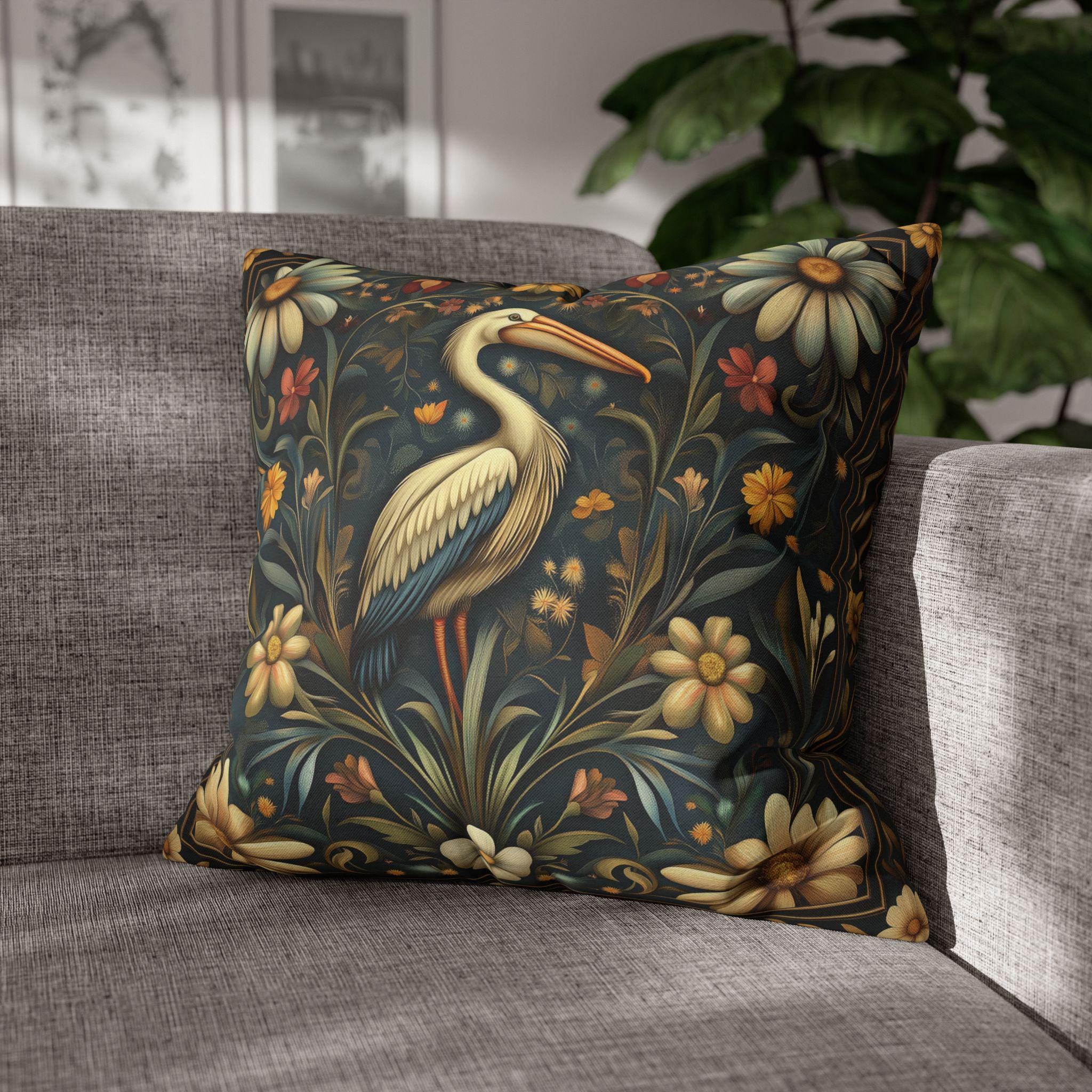 William Morris Heron Pillow Cover: Navy Floral Arts & Crafts Cushion