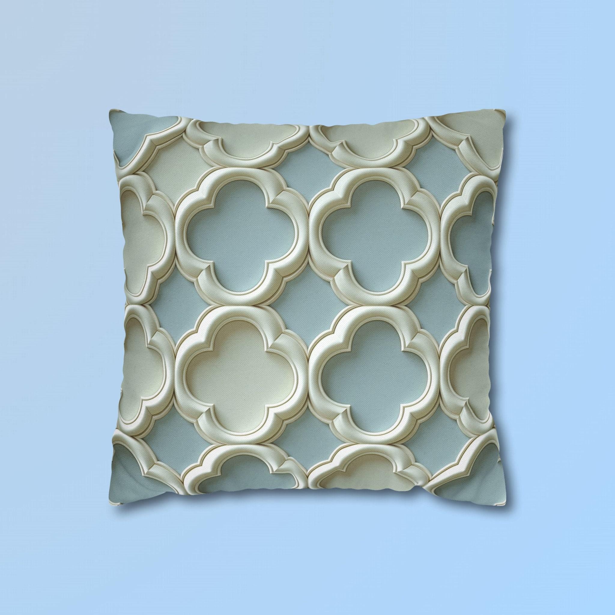 Coastal Quatrefoil Pillow Cover, Blue Beige 3D Effect
