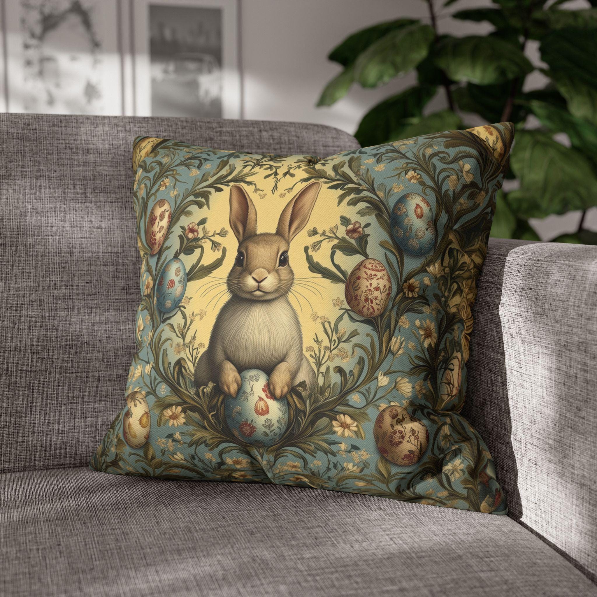 William Morris Easter Bunny Pillow Cover: Daisies & Vintage Style Eggs