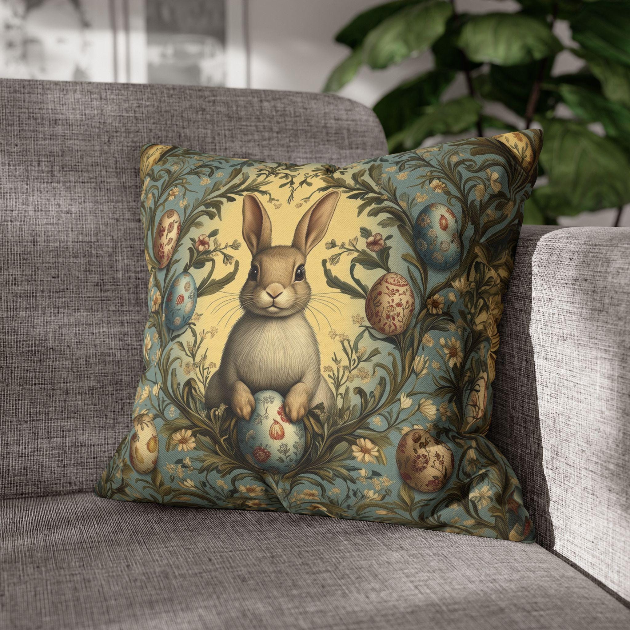William Morris Easter Bunny Pillow Cover: Daisies & Vintage Style Eggs