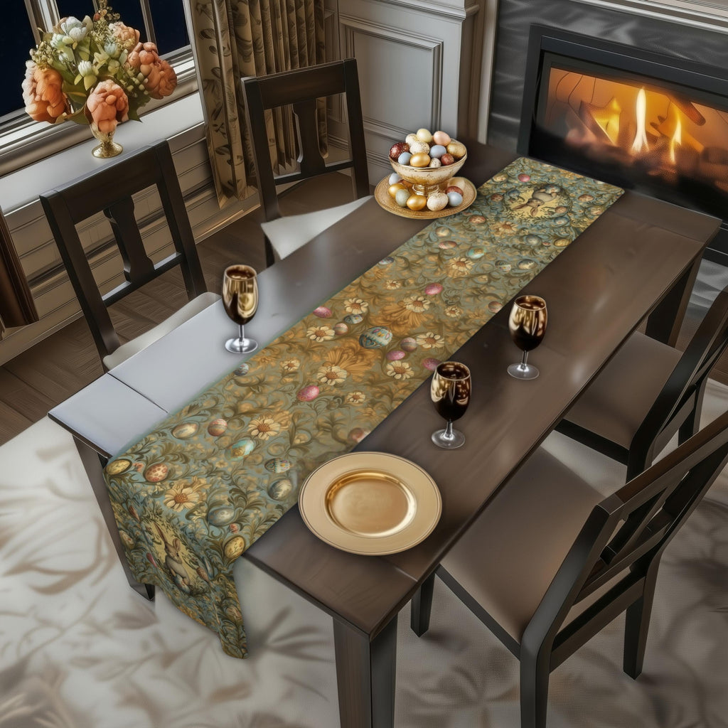 William Morris Easter Table Runner: Bunny Daisies and Vintage Style Eggs