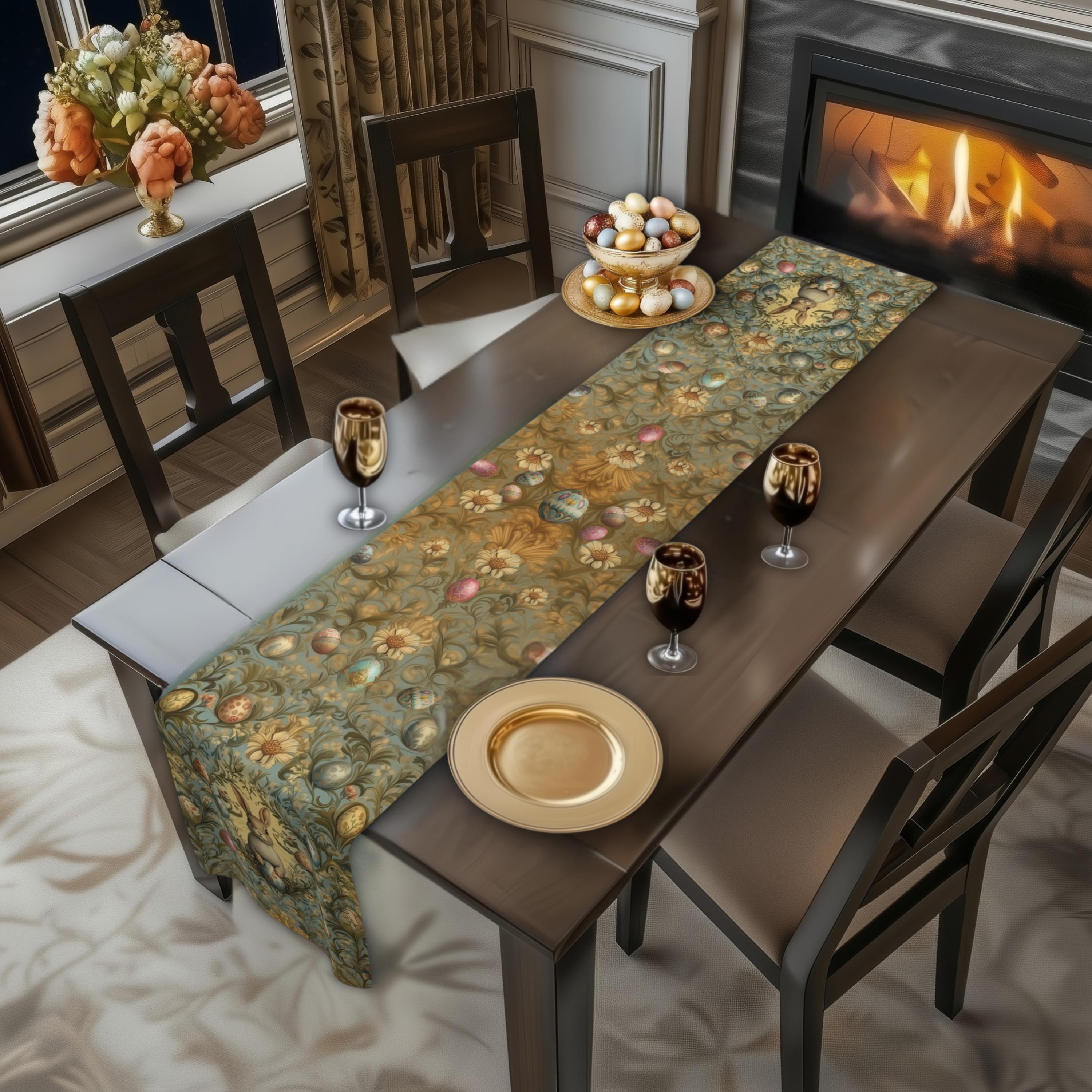 William Morris Easter Table Runner: Bunny Daisies and Vintage Style Eggs